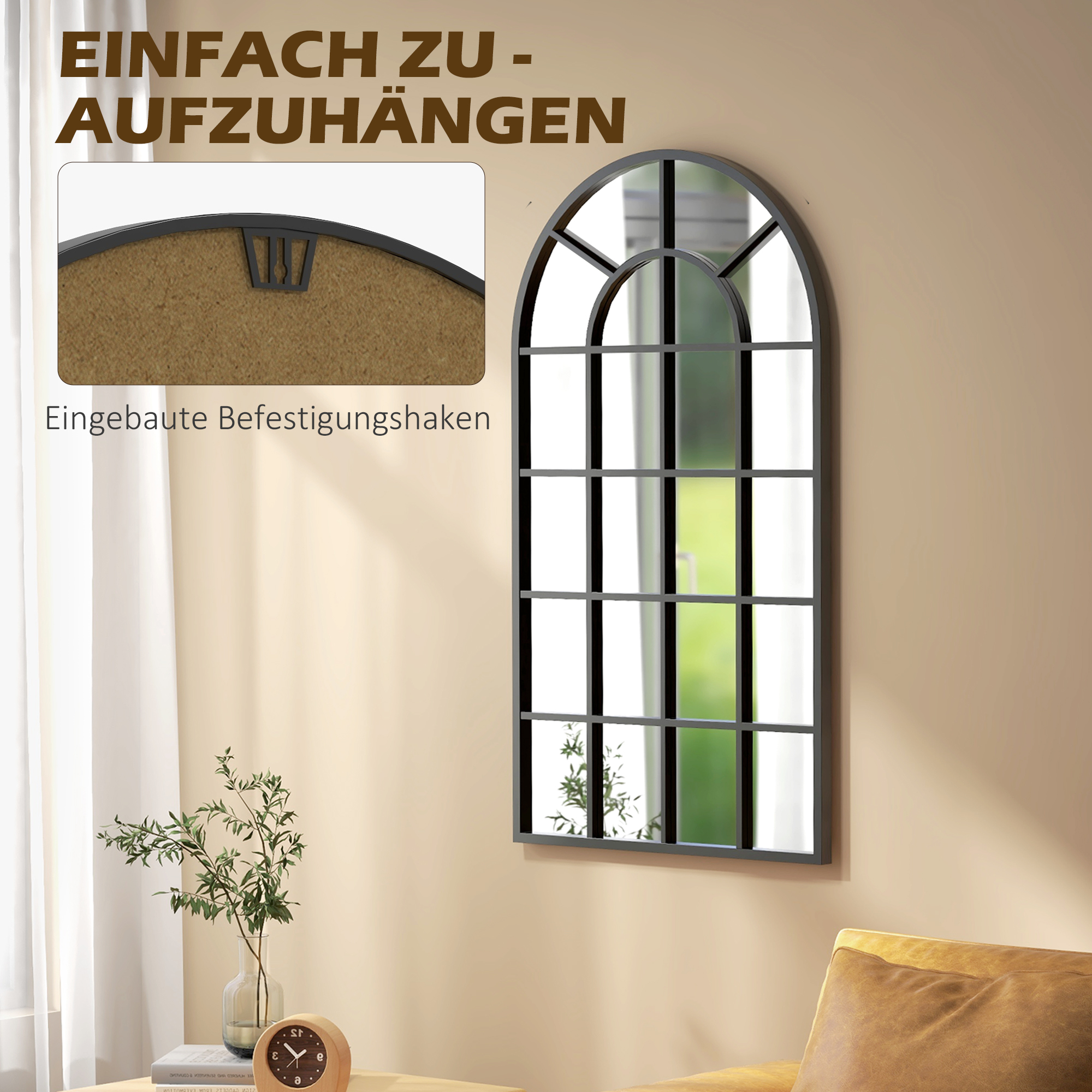 Dekospiegel großer Spiegel, Fensteroptik, Bogenförmig, inkl, Aufhängung, Schwarz + Spiegelglas