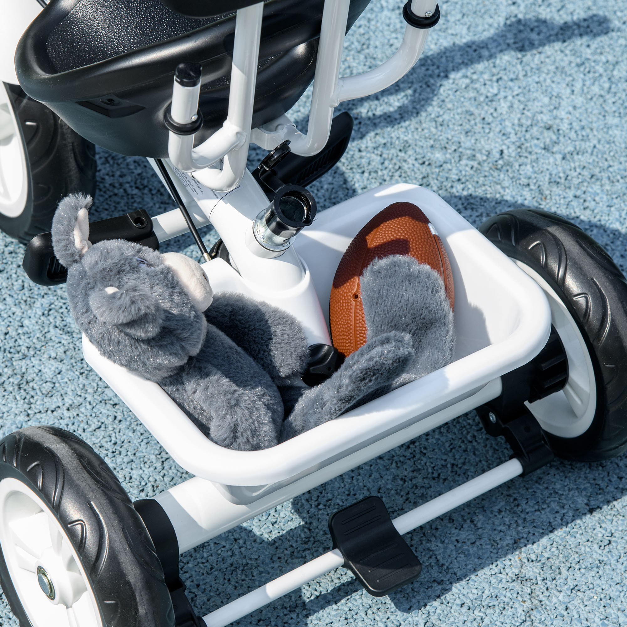 6-in-1 Kinderdreirad mit Schiebestange, Dach, Gurt, Ablagekorb, für 1-5 Jahre, Weiß