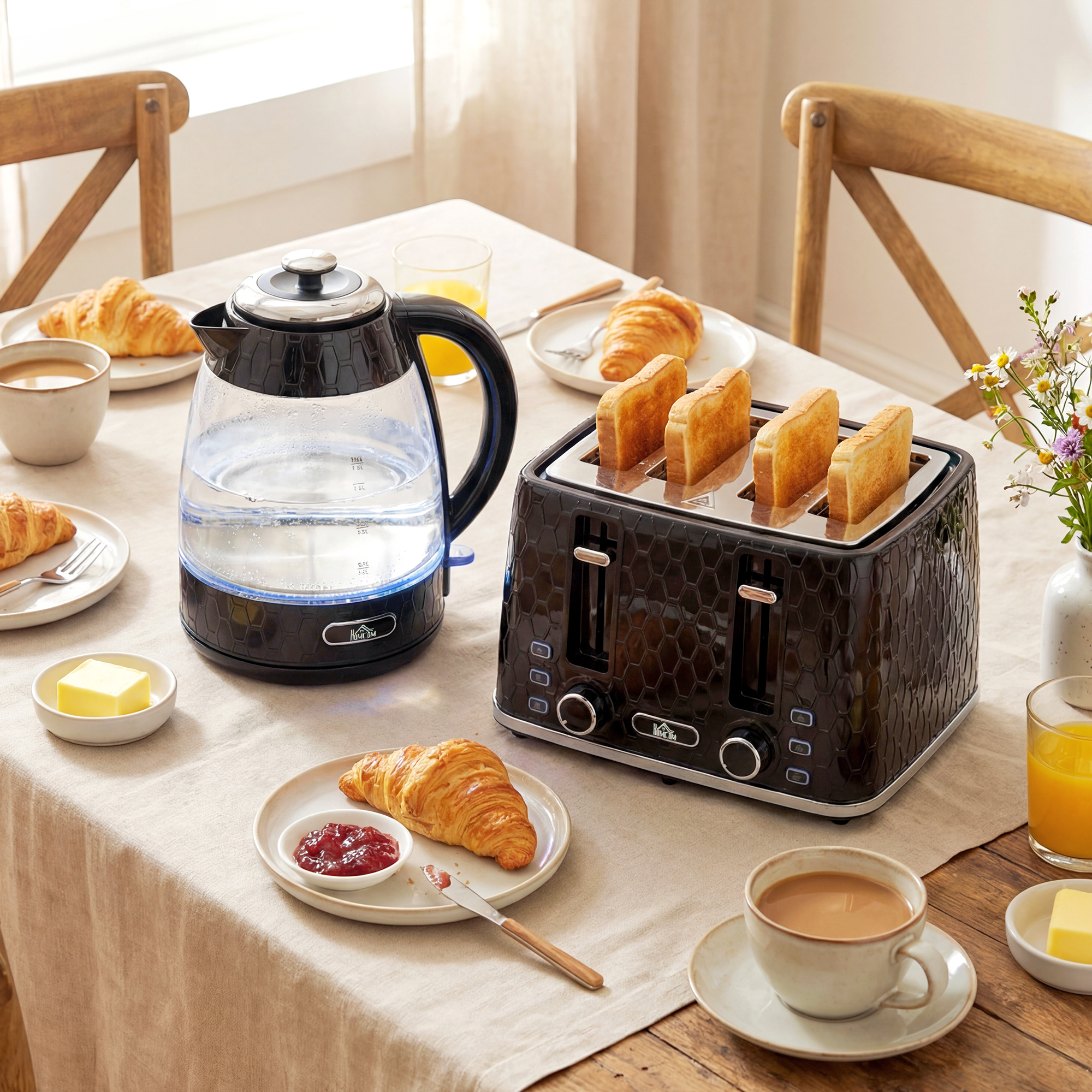 1,7L 2200W Schnellkoch-Wasserkocher und 4-Scheiben-Toaster-Set mit Kalkfilter, Schwarz