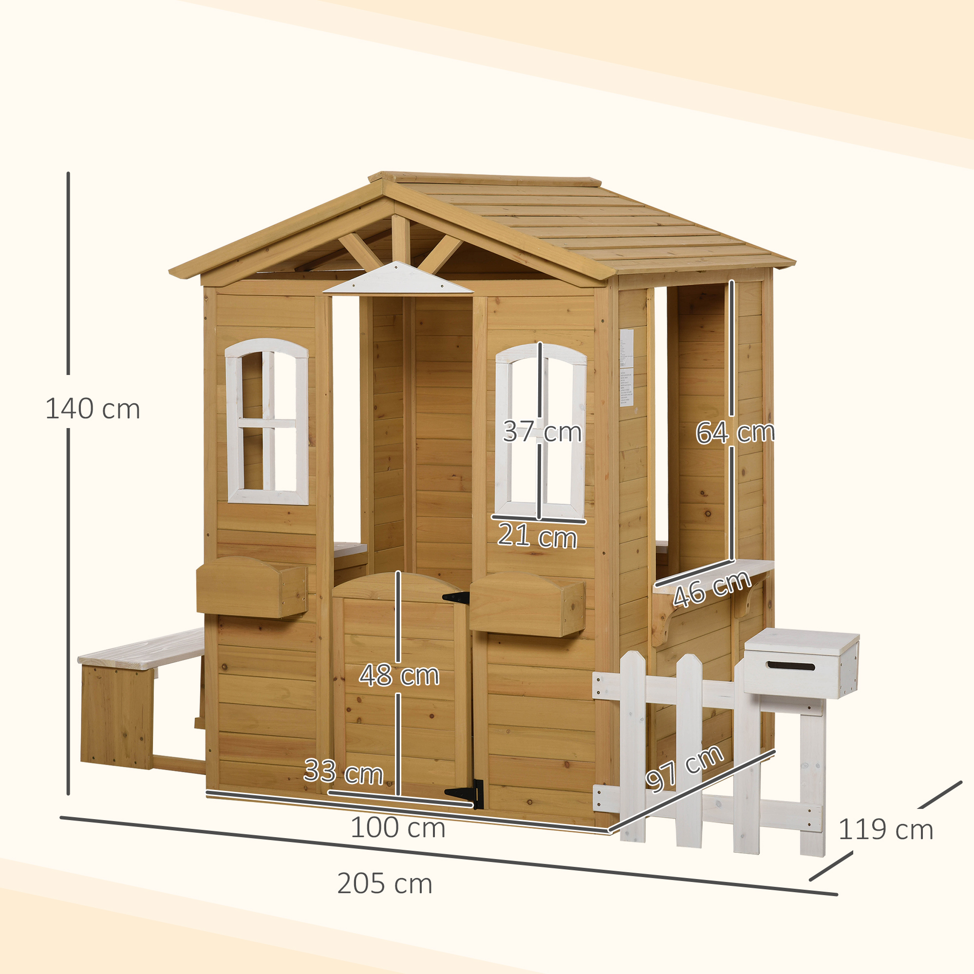 Kinderspielhaus aus Holz Spielhaus Outdoor mit Tür, Fenster und Pflanzkasten Briefkasten Bank für Kinder 3-6 Jahre