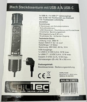 Schreibtisch-Einbausteckdose, rund Mini / versenkbar, Edelstahl, 3x Steckd,USB A+C