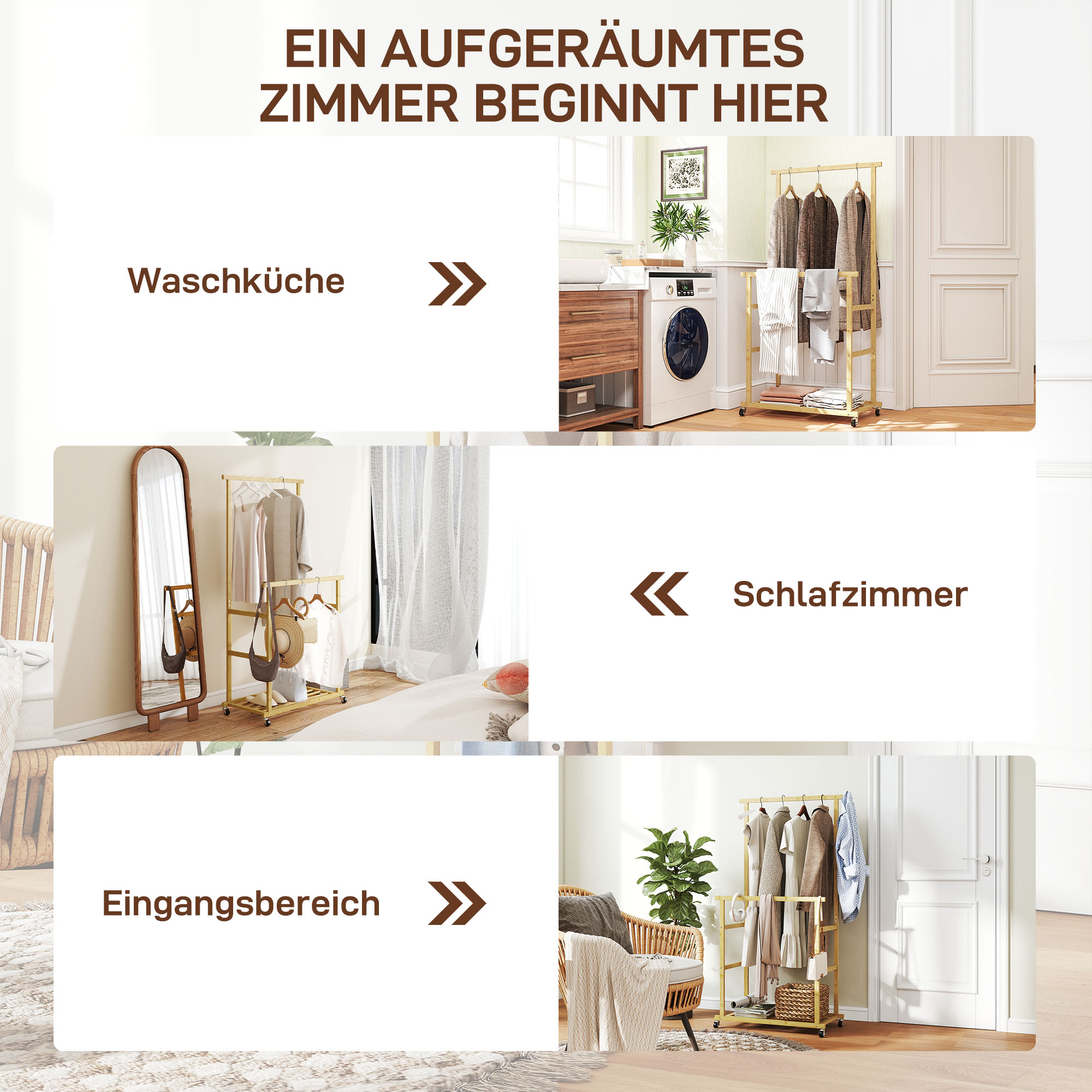 Kleiderständer mit Rollen, Garderobenständer mit Kleiderstange, Schuhablage, aus Bambus, 80 x 40 x 160 cm, Natur