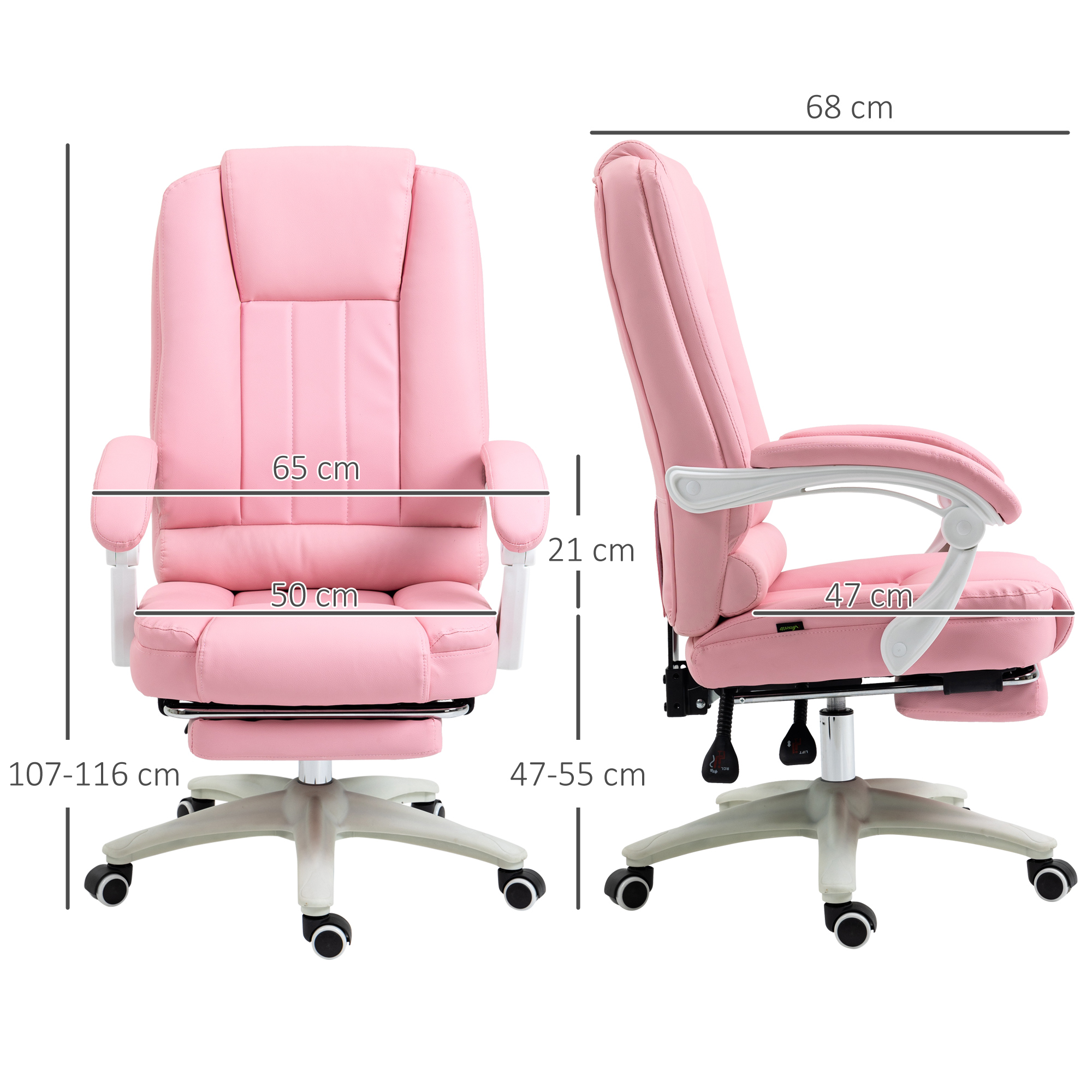 Bürostuhl mit Fußstütze, verstellbare Rückenlehne, höhenverstellbar, 5 Rollen, Rosa + Weiß