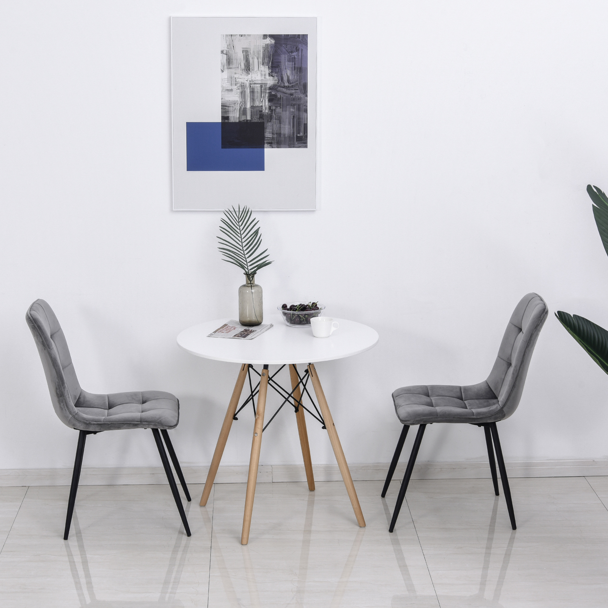 2er-Set Esszimmerstuhl Polsterstuhl Küchenstuhl mit Samt-Optik Esstisch Samt Metall Grau+Schwarz 45 x 63 x 90 cm