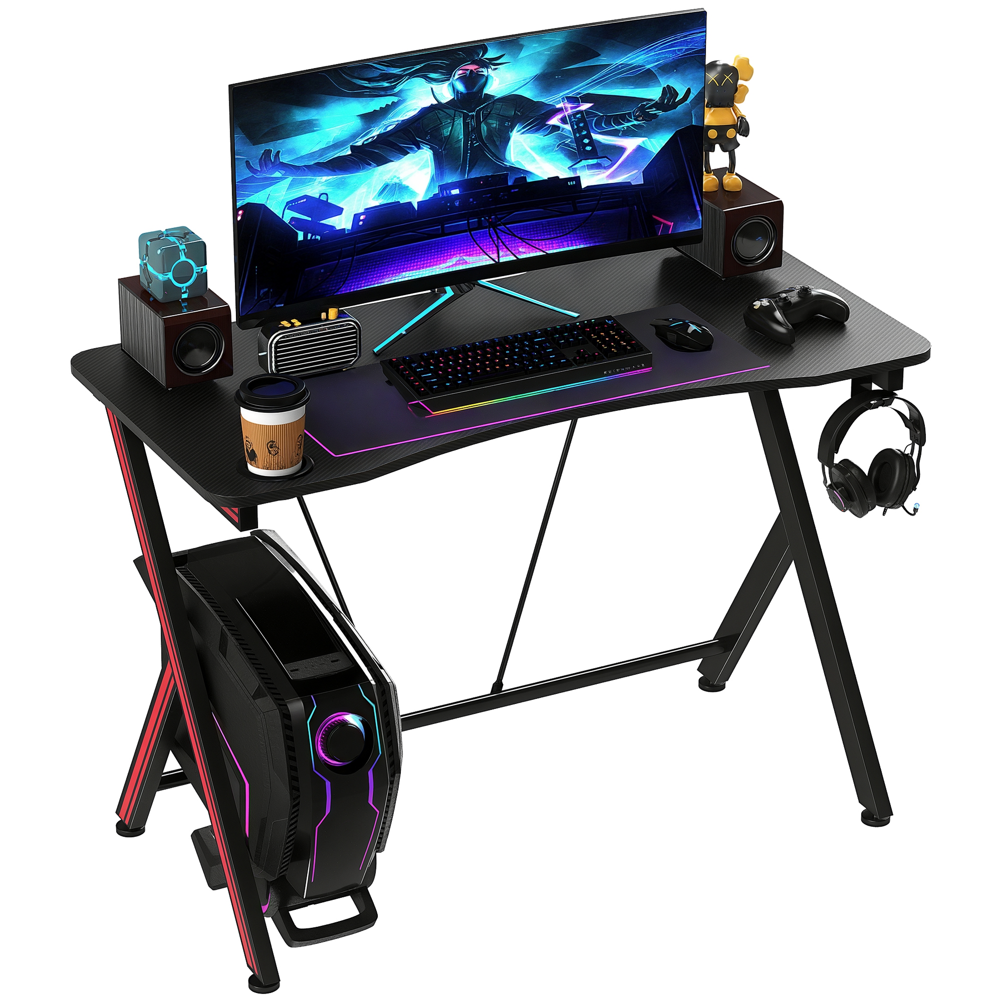 Gaming-Tisch Schreibtisch mit Kopfhörerhaken Getränkehalterung Computertisch Stahl + MDF Schwarz 105 x 55 x 75 cm