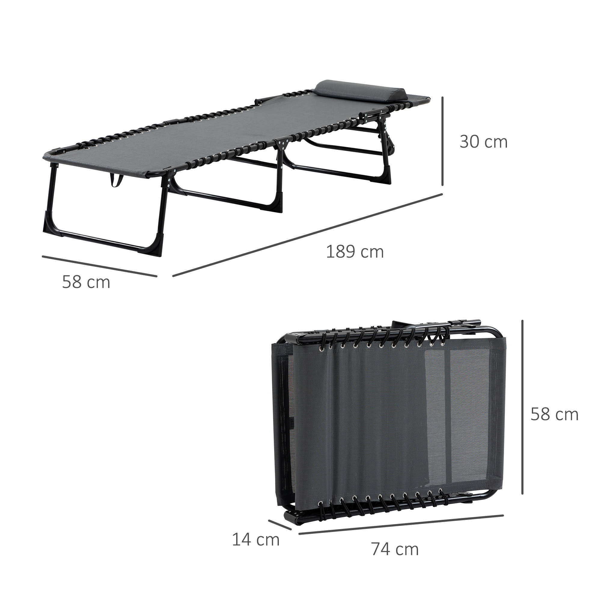 Liegestuhl, Zusammenklappbare Liege mit Nackenkissen, Stahlrahmen, Netzstoffbezug, 120 kg Belastbarkeit, Grau