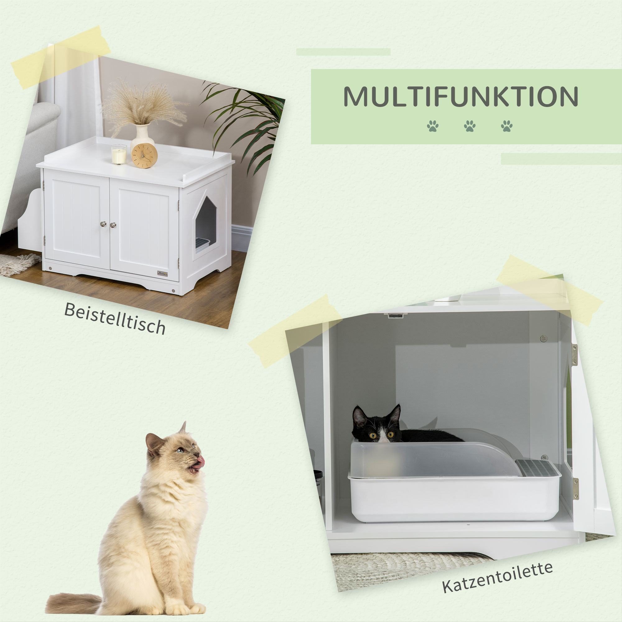 Katzentoilette, Katzenhaus, mit Trennwand, magnetischer Doppeltür, seitlicher Ablage, weiß, 86 x 48 x 52cm