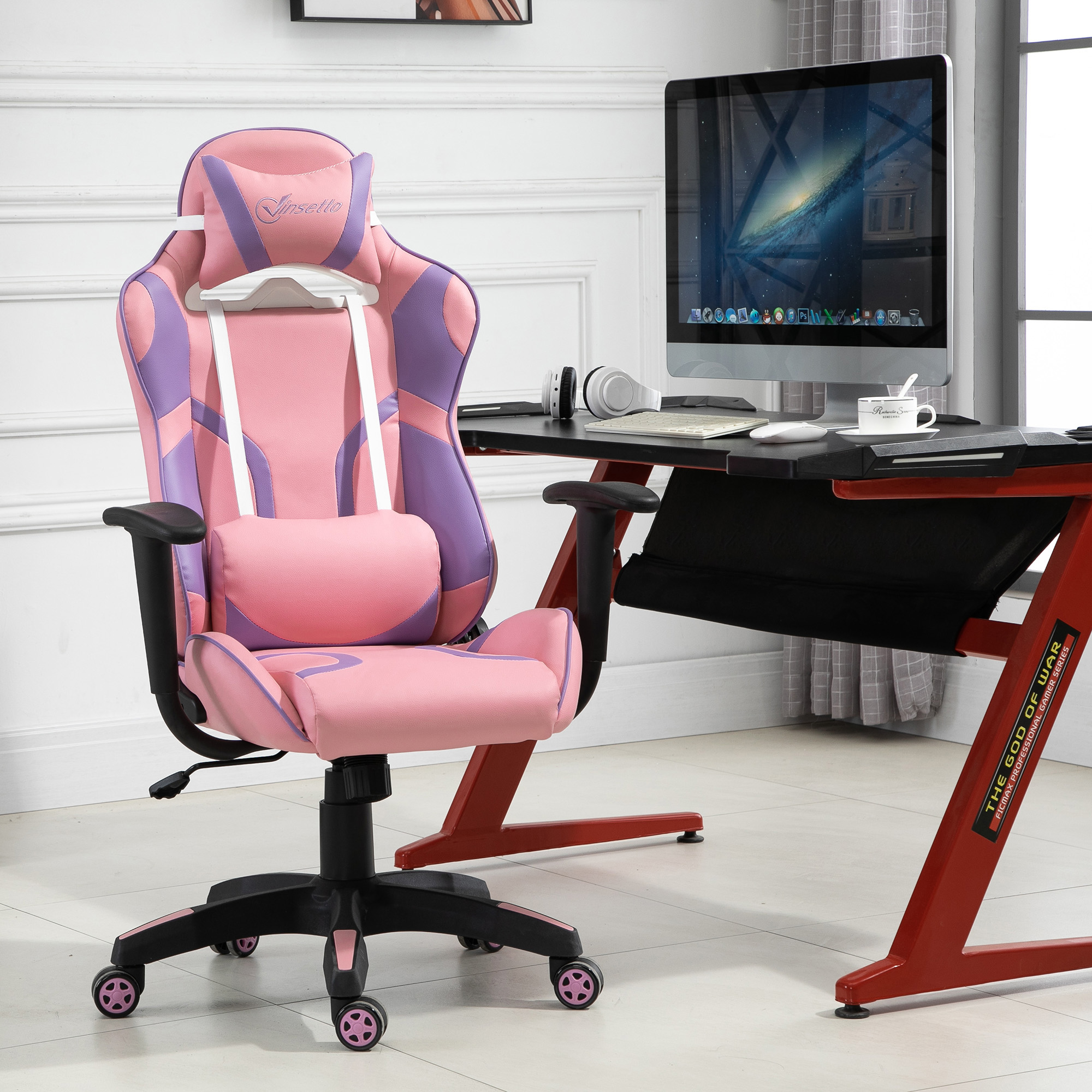 Ergonomischer Gaming Stuhl Bürostuhl Drehstuhl Verstellbares Massage Lendenkissen Höhenverstellbar Rosa&Violett 69x56x125,5 cm