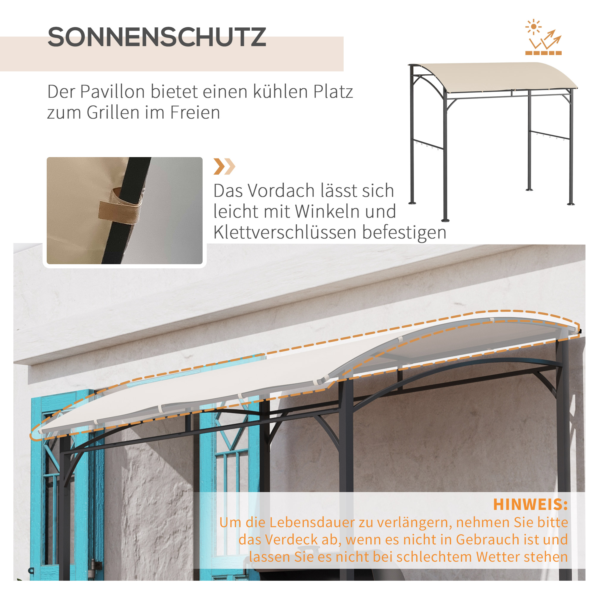 Grillpavillon, Grillüberdachung, Regenschutz, Haken für Utensilien, Stahlrahmen, Beige+Schwarz, 215 x 150 x 182/220 cm