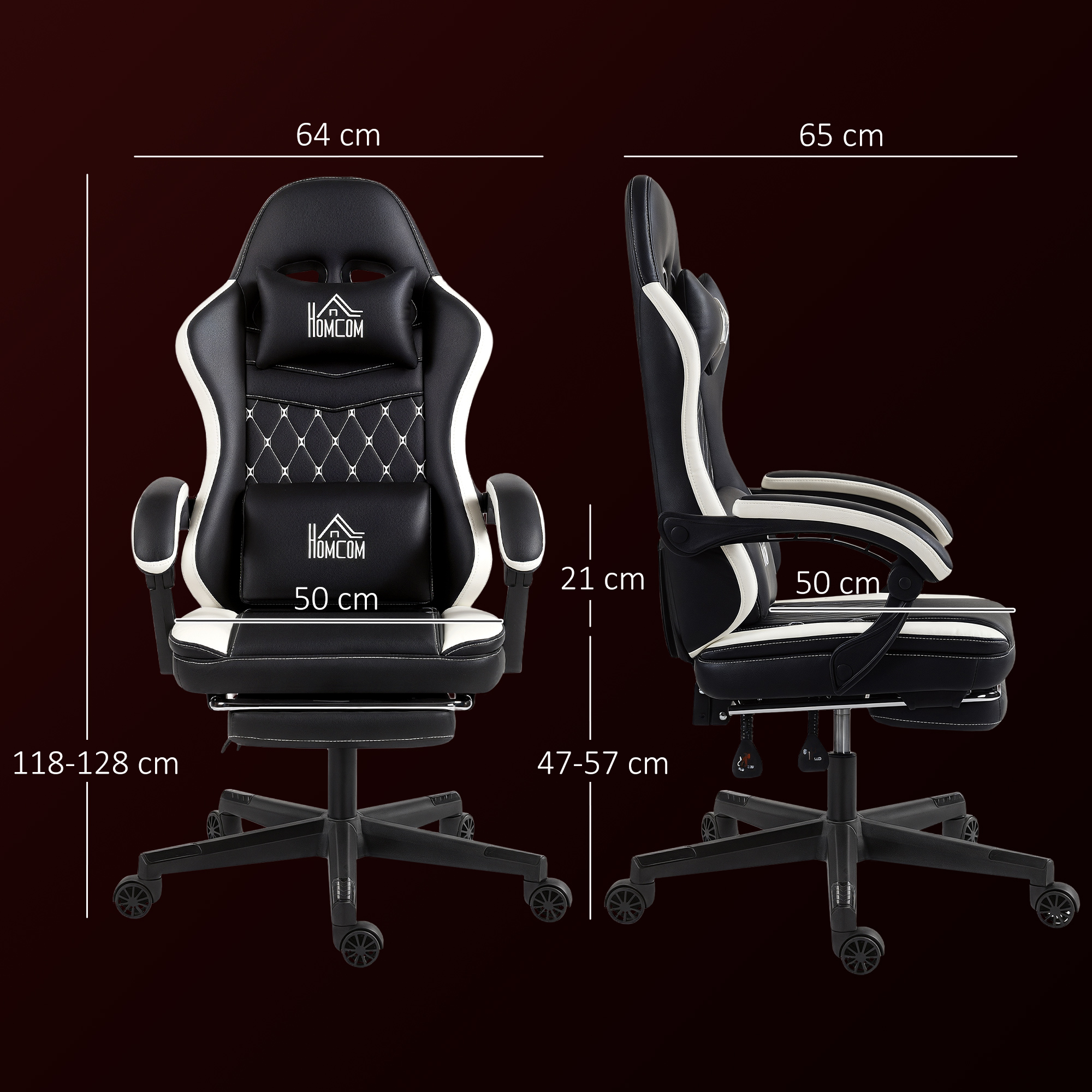 Gaming-Stuhl mit Fußstütze, Computerstuhl mit Kopfstütze & Kissen, Kunstleder-Bezug, drehbar, höhenverstellbar, Metall, Kunststoff, Schwarz+Weiß