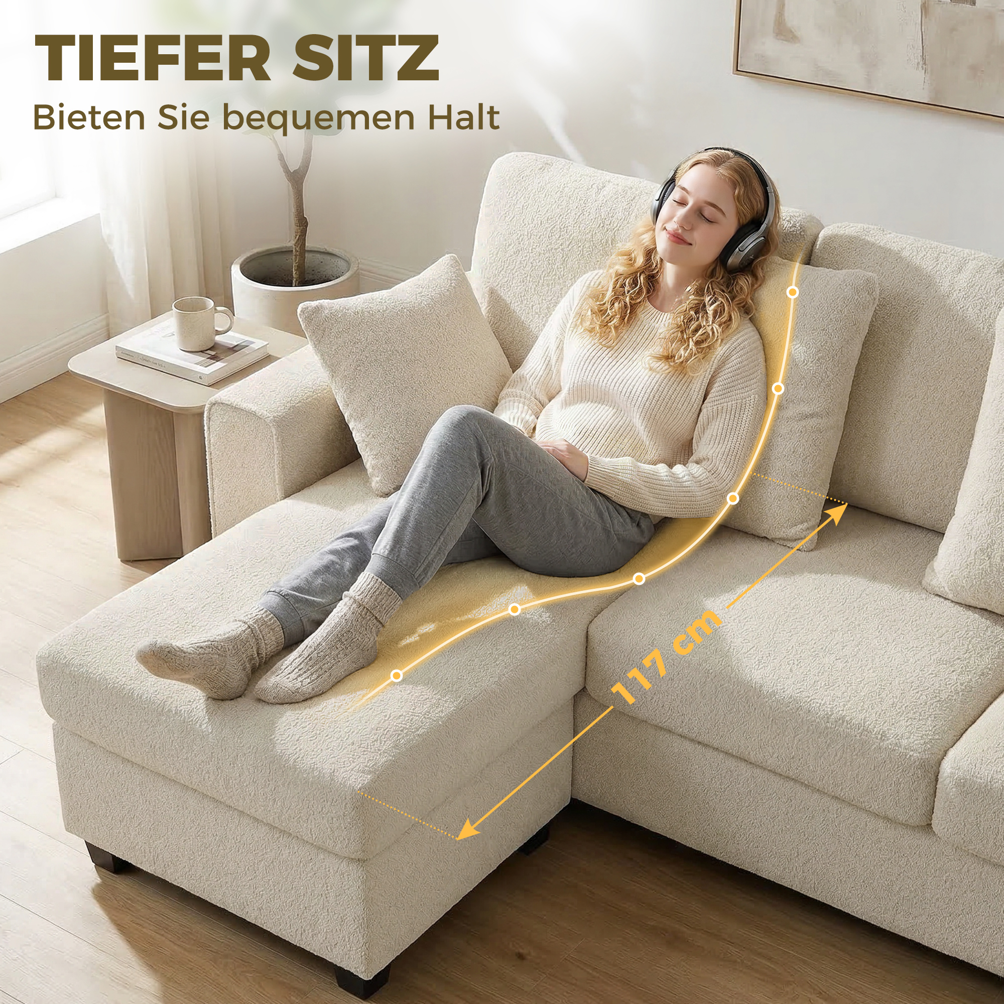 Ecksofa mit umkehrbarer Chaiselongue, 3-Sitzer Sofa mit Samtoptik, breite und tiefe Sitzfläche, Federkissen, Beige
