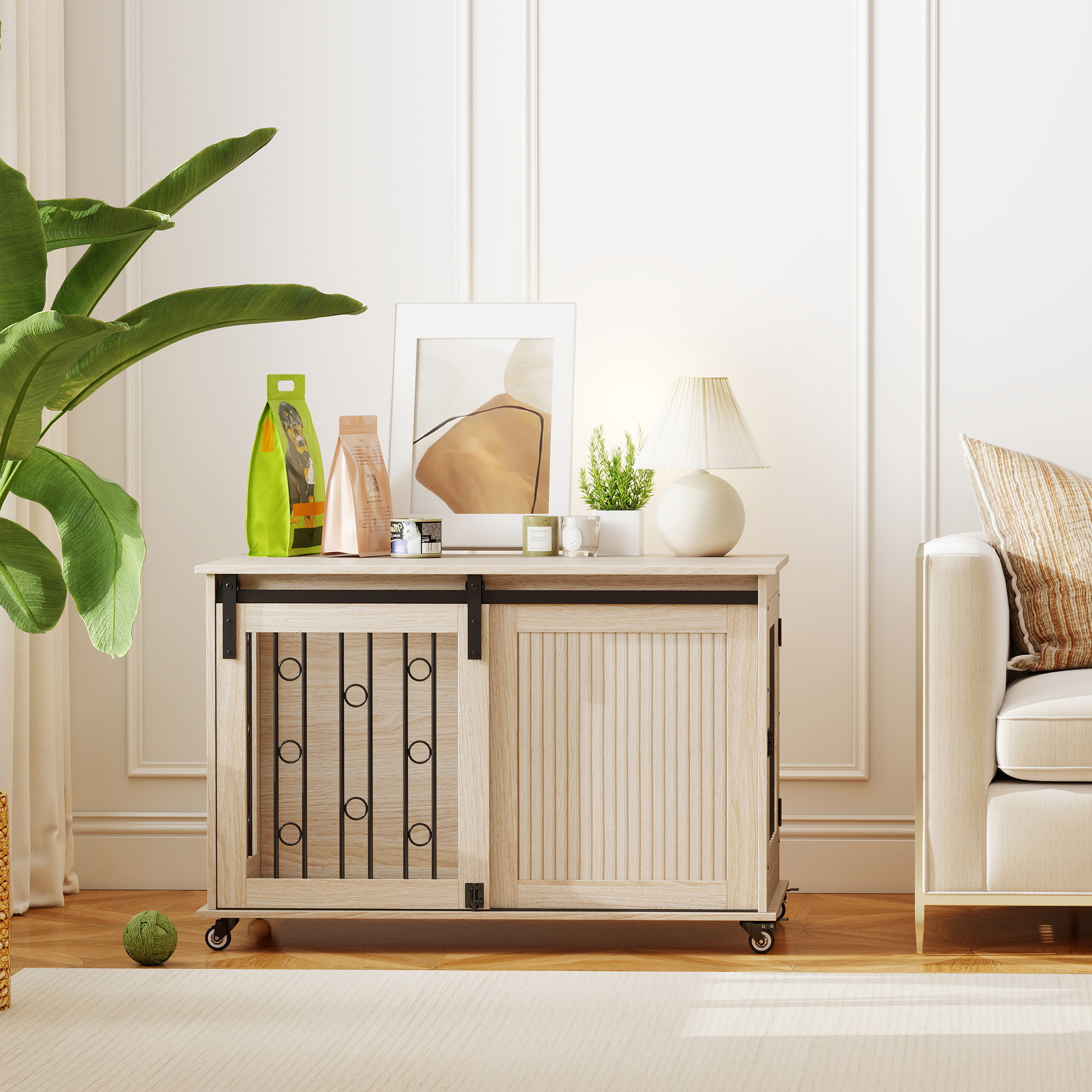 Hundebox auf Rädern, Schiebetür, 100 x 56 x 65 cm, Holz, Stahl