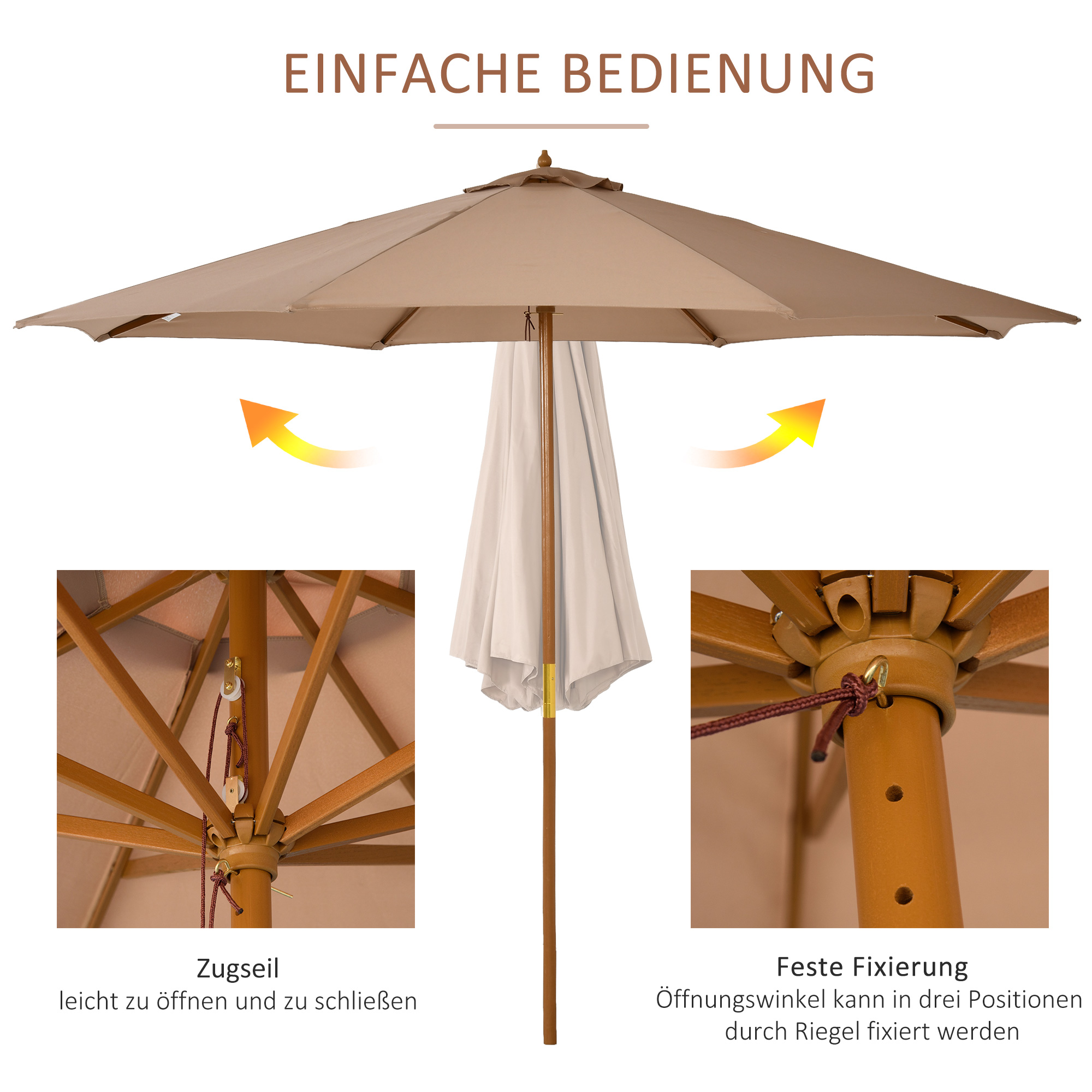 Sonnenschirm Ø 300 cm, Sonnenschirm mit UV Schutz Balkonschirm aus Holz Strandschirm stabil Marktschirm Sonnenschutz für Strand Terrasse Garten, Khaki