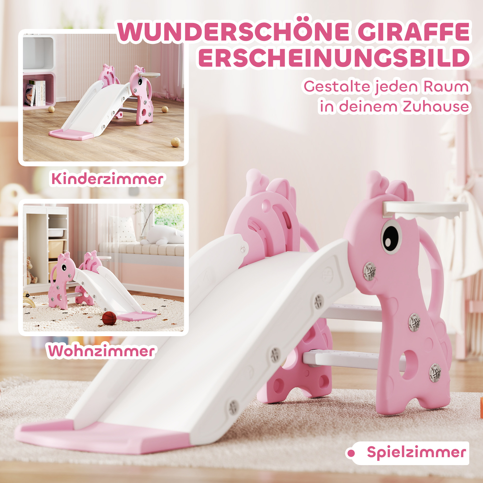 3-in-1 Rutsche für Kinder, Giraffenform, Basketballkorb, Ball, Rosa