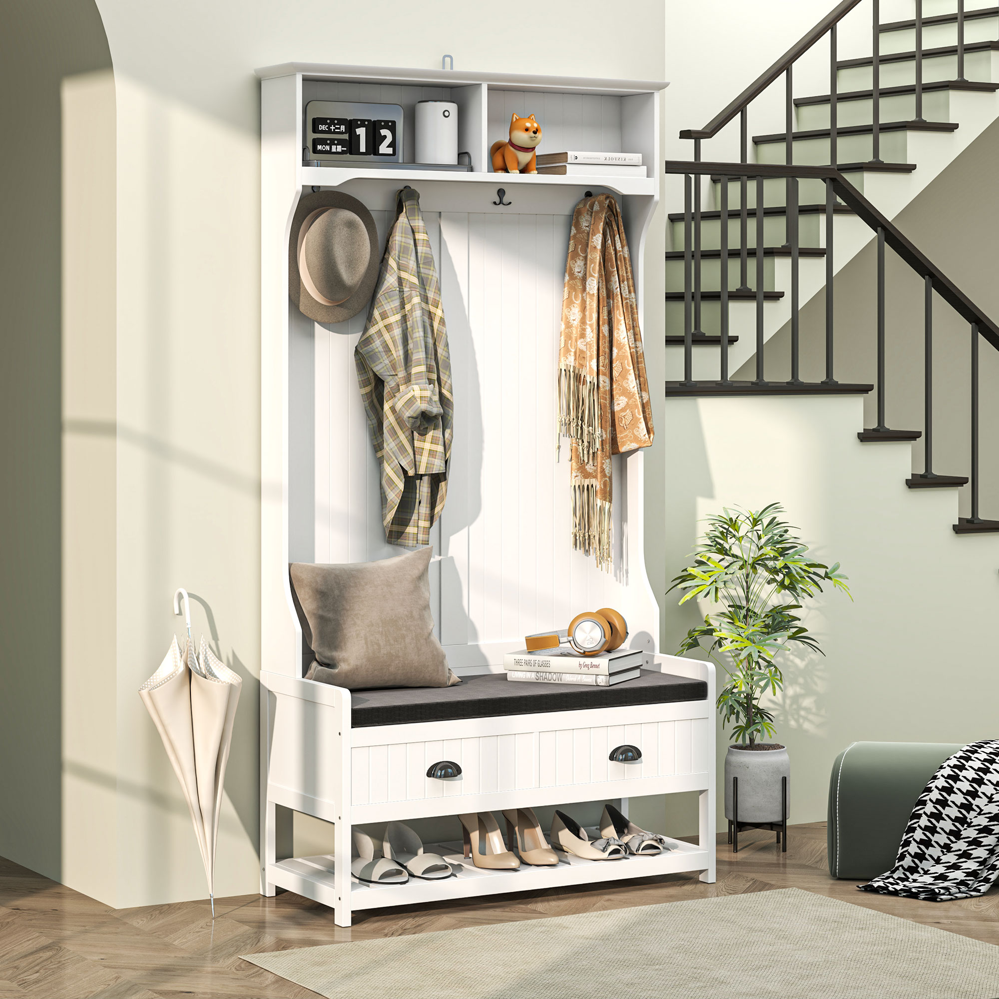 Garderobenständer mit Haken, Garderobe mit Schuhbank, für Eingangsbereich, Flur, Metall, MDF, Weiß+Grau