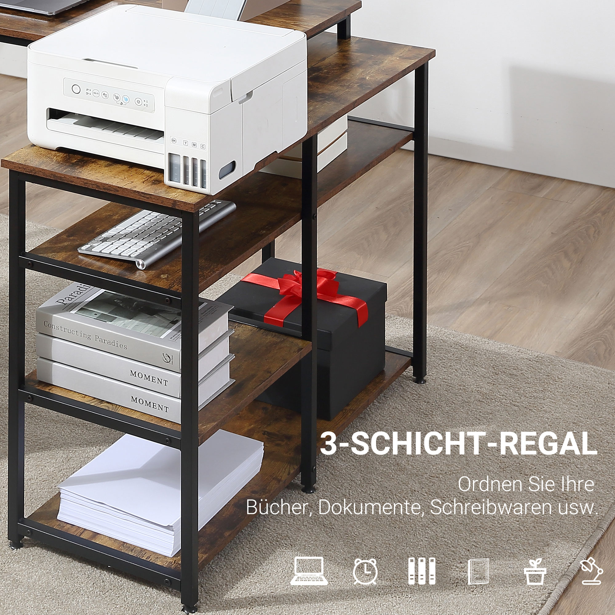 Eckschreibtisch Winkelschreibtisch PC-Tisch Computertisch Bürotisch Regal Schublade L-Form Spanplatte Metall Rustikales Braun 135 x 90 x 79 cm