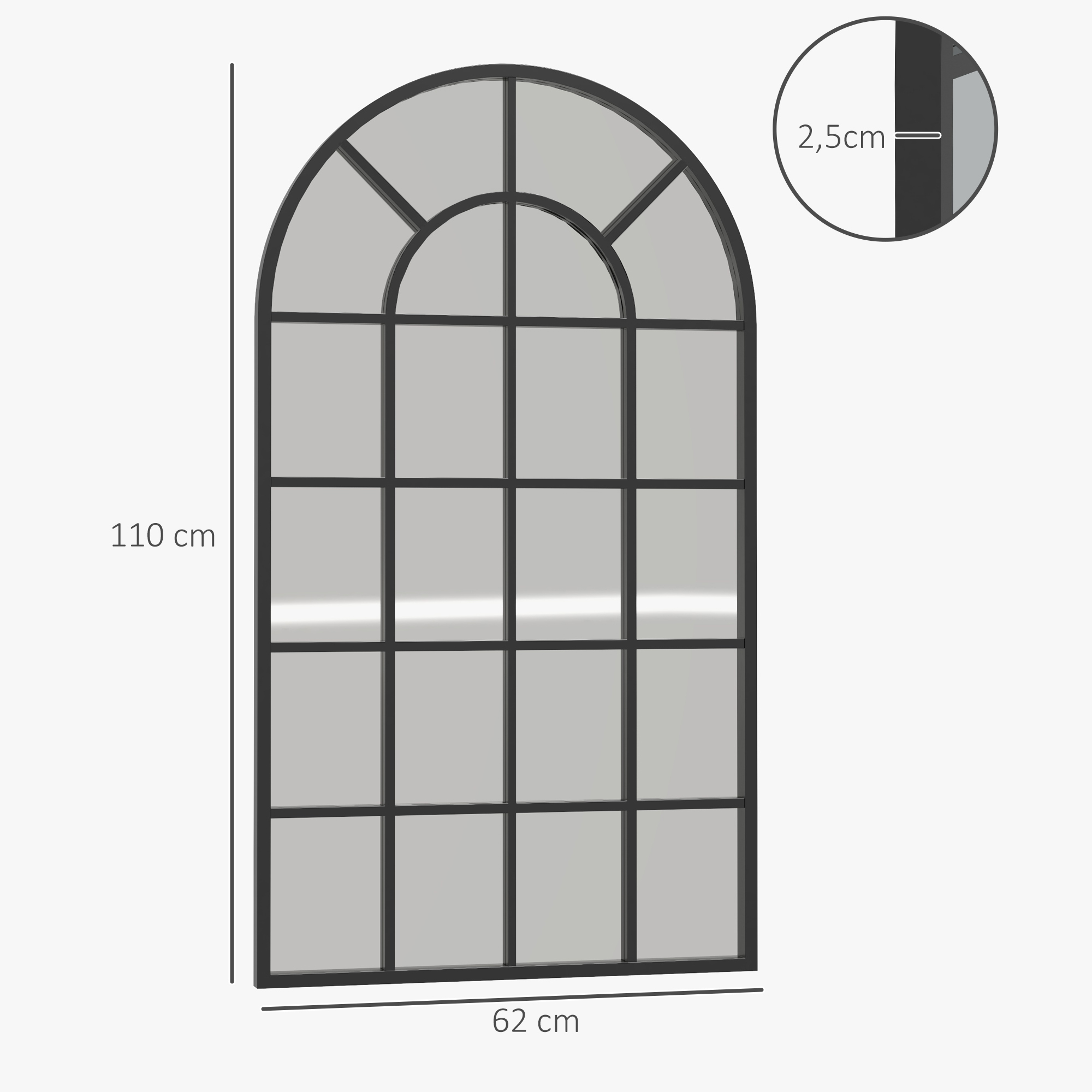 Dekospiegel großer Spiegel, Fensteroptik, Bogenförmig, inkl, Aufhängung, Schwarz + Spiegelglas