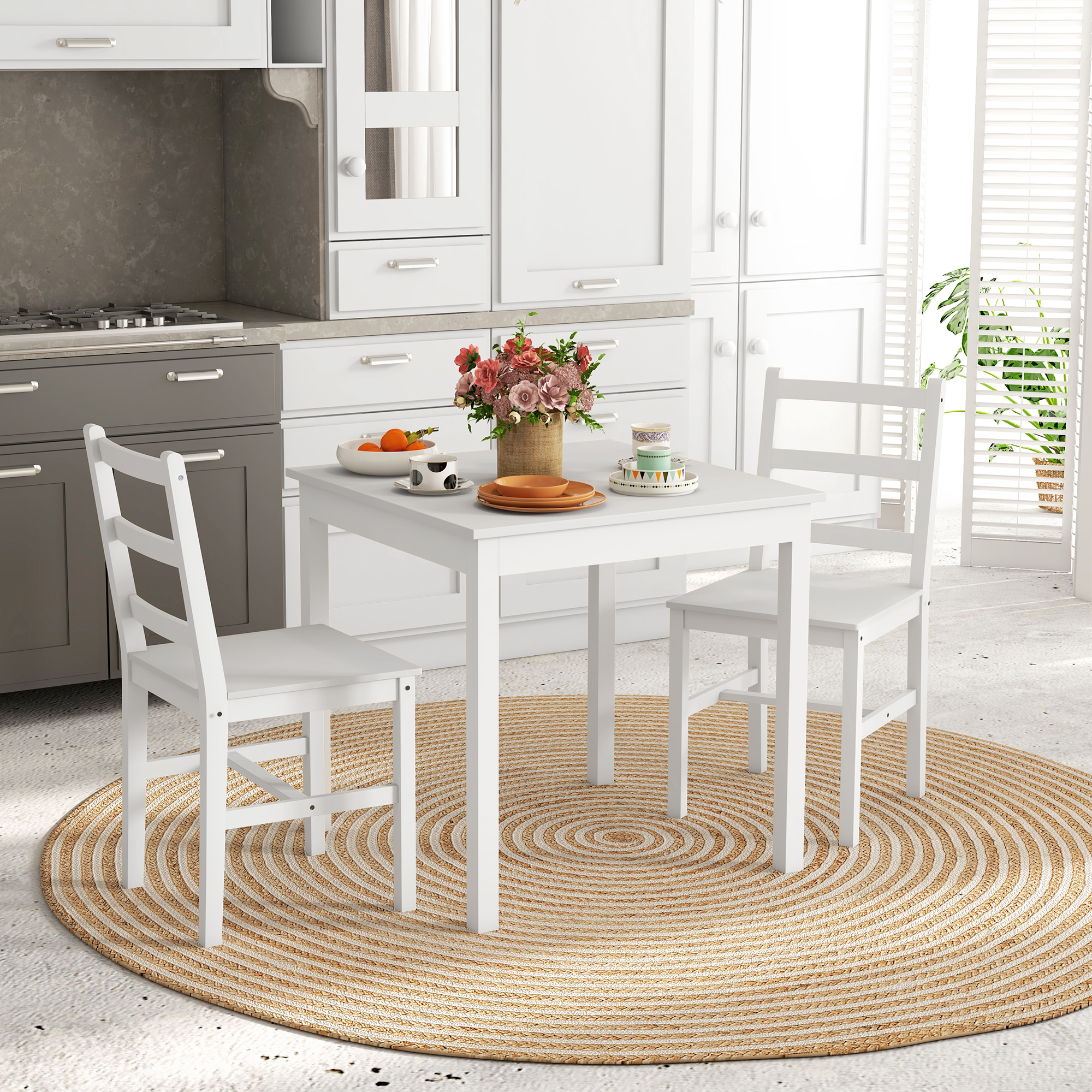 3-teilige Essgruppe Sitzgruppe Tisch mit Stühlen, Massivholz, Weiß