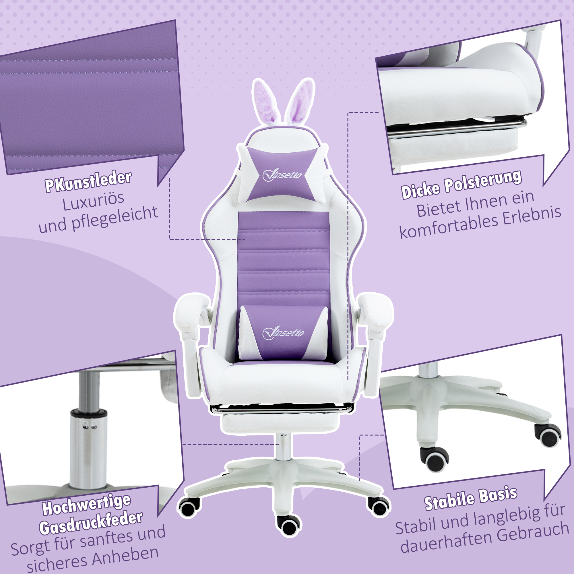 Gaming Stuhl Ergonomischer Gamer Stuhl mit Lendenwirbelstütze, Fußstütze Hasenohren Kopfkissen Violett
