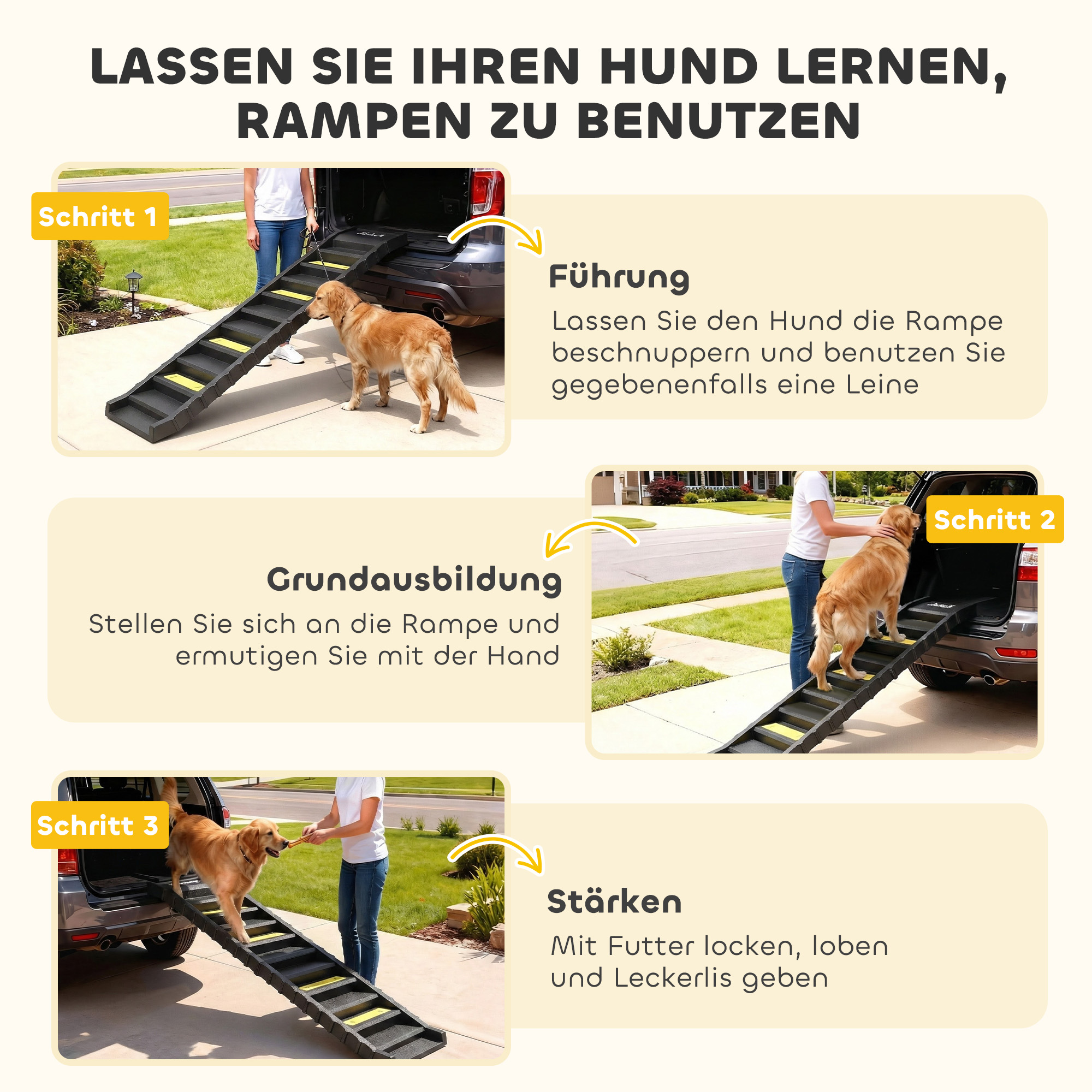 Hunderampe klappbar Hundetreppe Auto & SUV rutschfest Hundeautorampe für Große Tiere bis 25 kg 154x40cm Schwarz