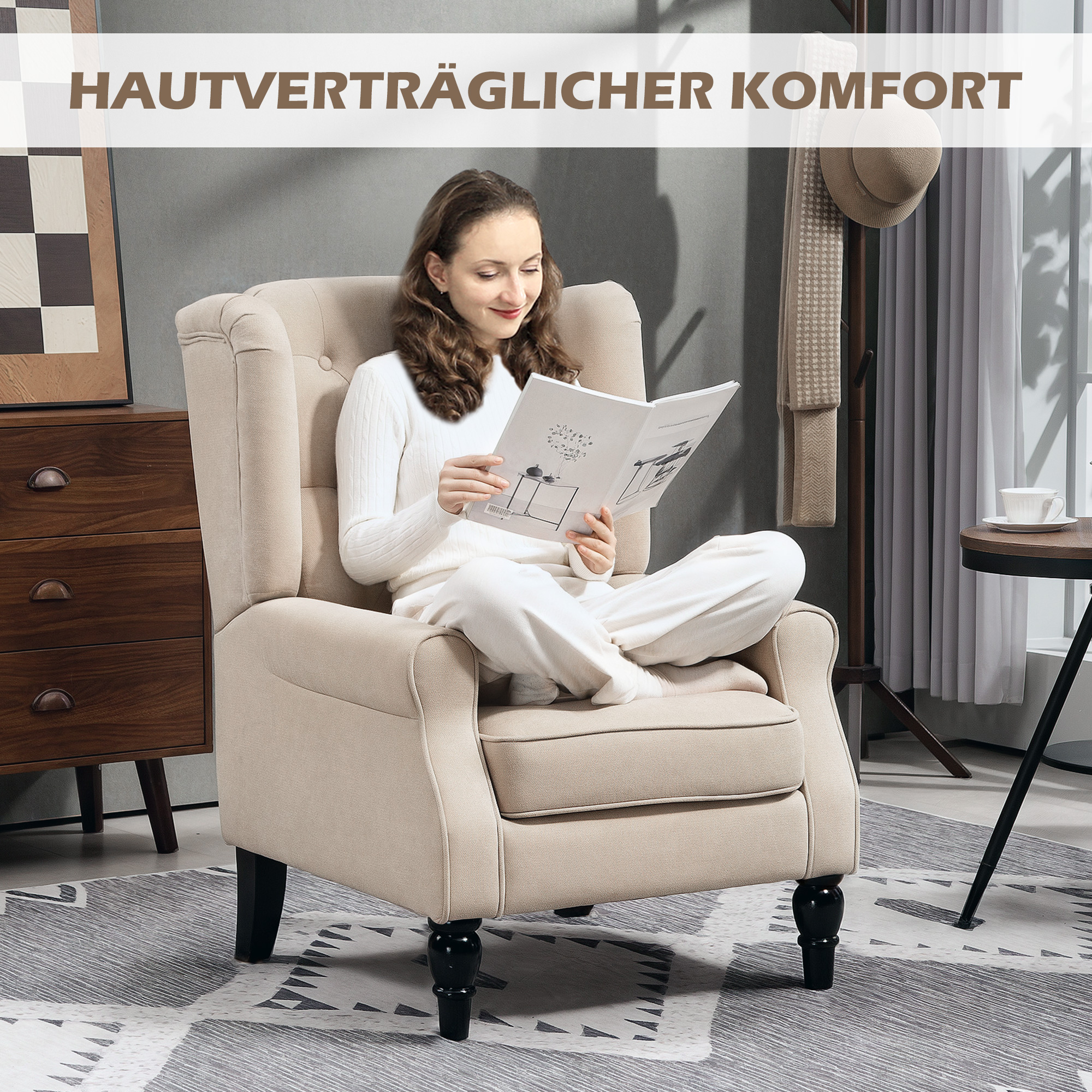 eleganter Ohrensessel, dick gepolstert, abnehmbarer Bezug, 74 x 87 x 102 cm, Beige