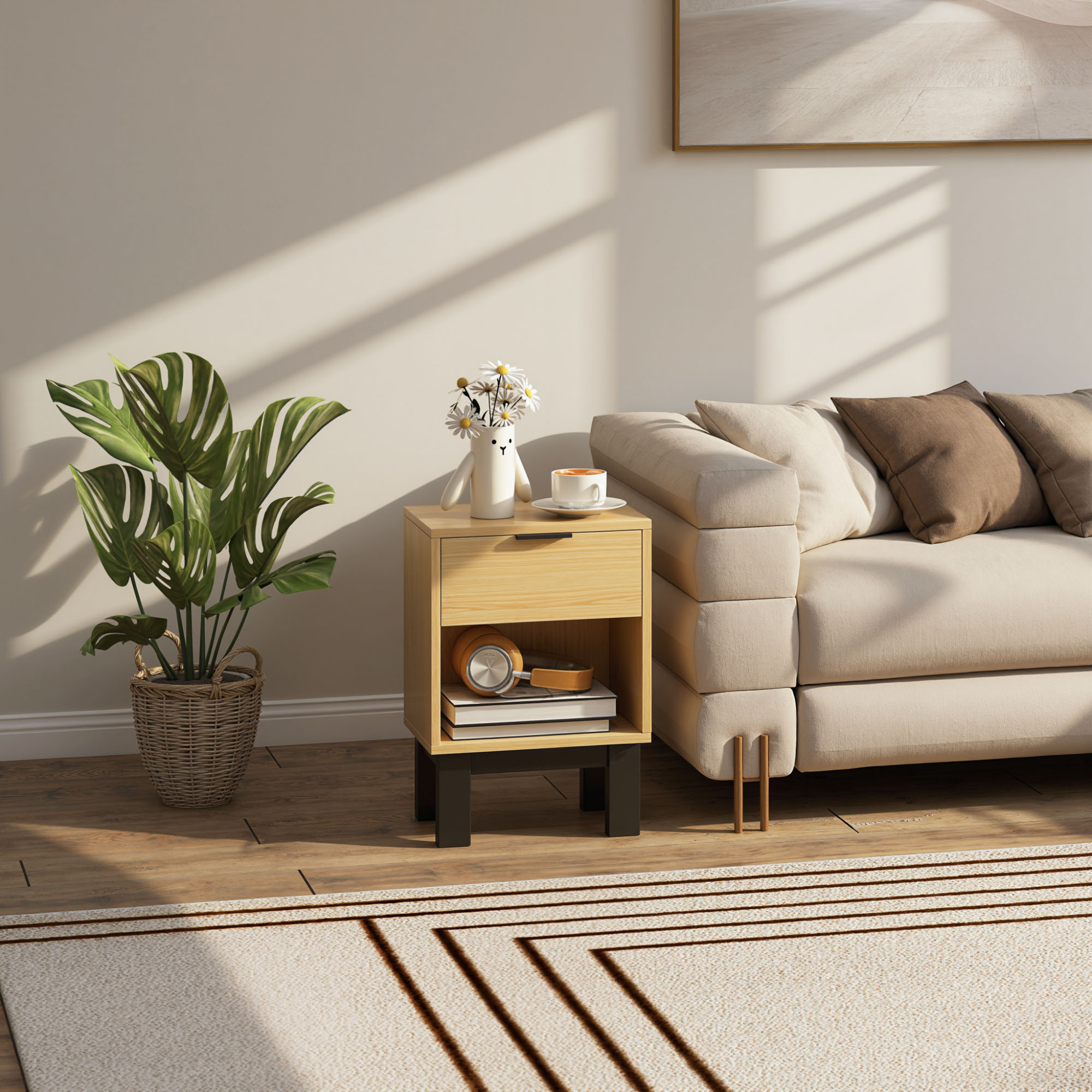 Nachttisch, Nachtschrank mit Schublade, offenes Fach, Nachtkommode für Schlafzimmer, Wohnzimmer, 35 x 26 x 50 cm, Eiche