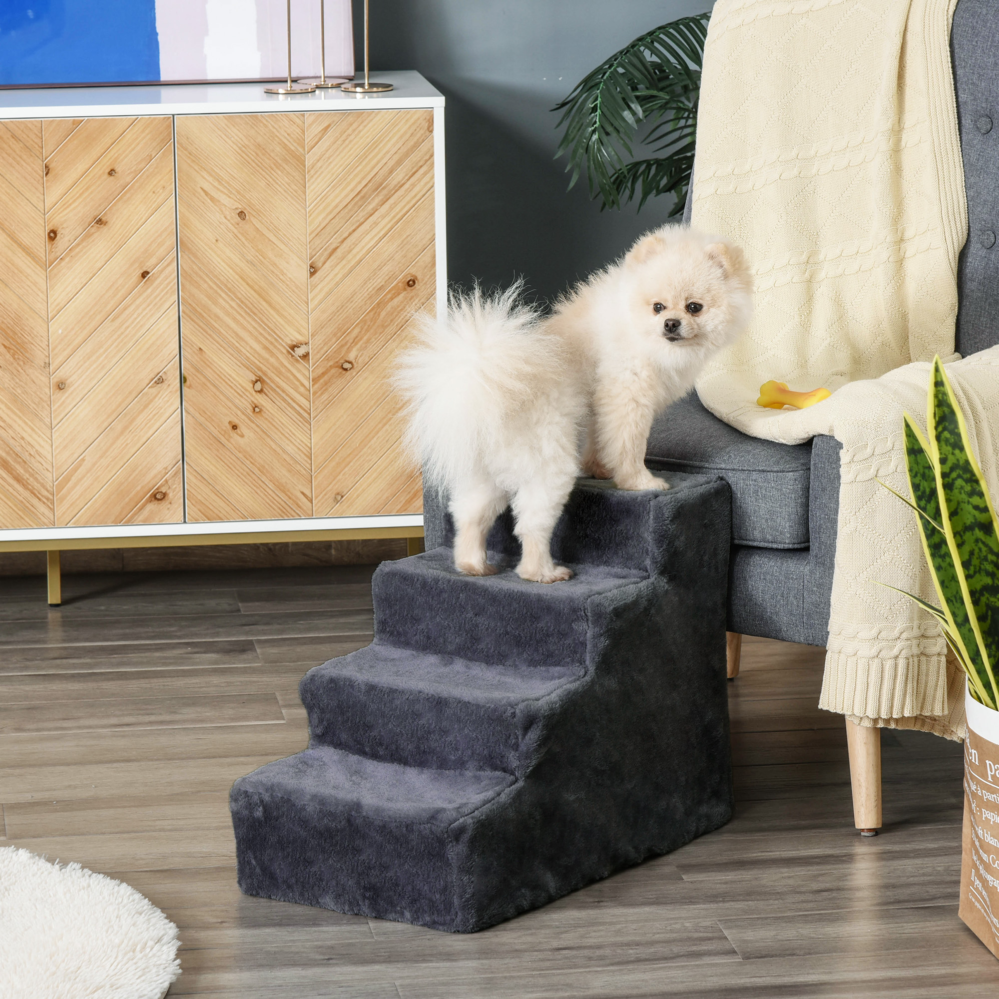 Hundetreppe 4-Stufig Abnehmbarer Bezug Für Kleine Hunde 44 cm Dunkelgrau