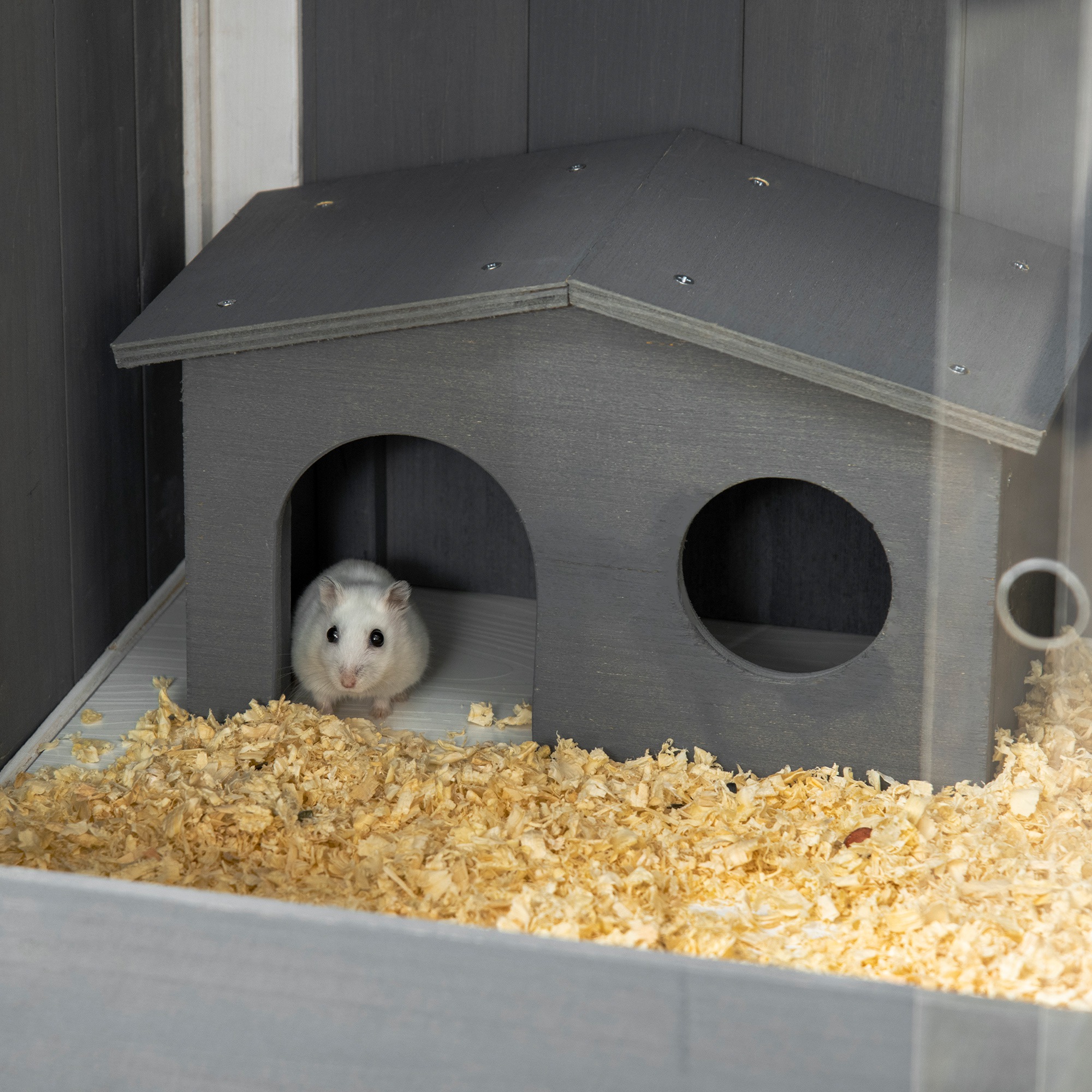 Hamsterkäfig, 3000 cm² Zwerghamsterkäfig aus Holz und Metall, mit 2 Hütten, Acrylschiebetüren, stabil, sicher, Grau+Weiß