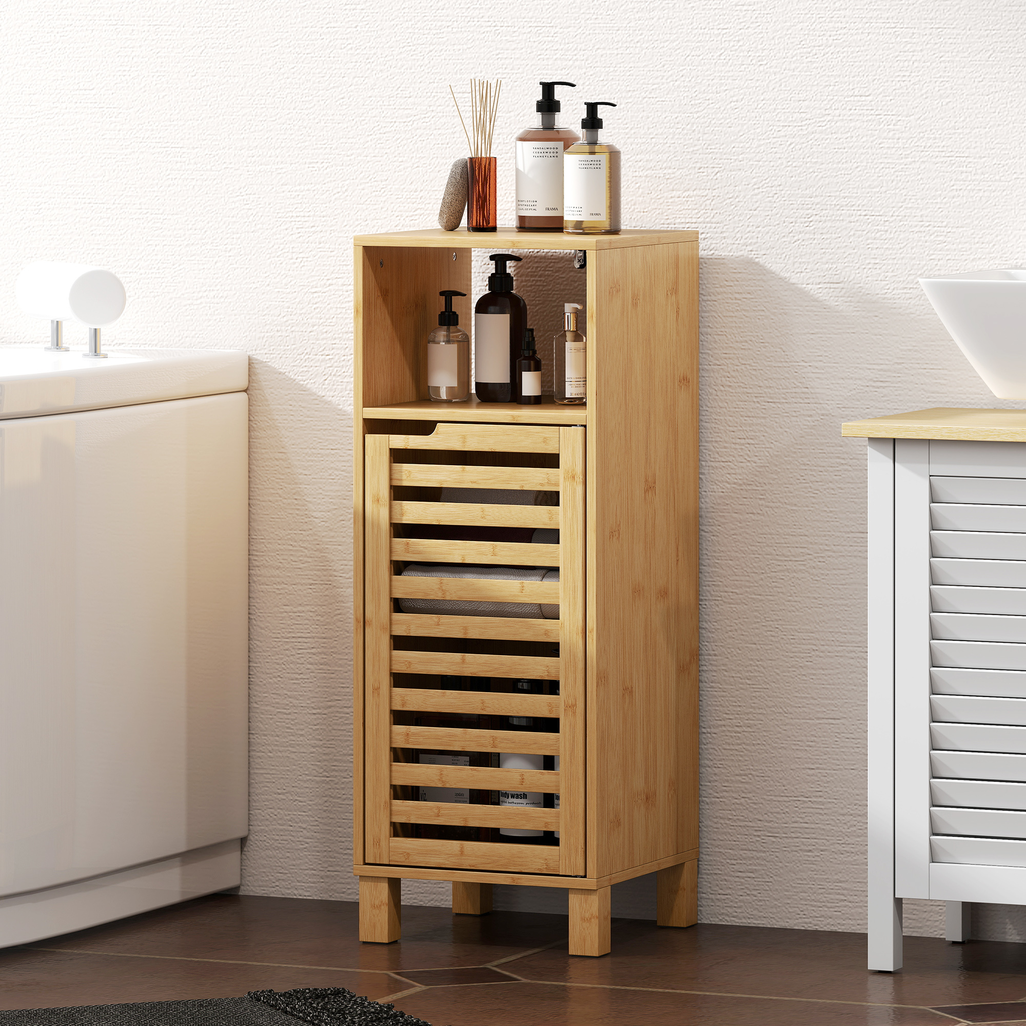 Badezimmerschrank, offenes Regal, Schrank, Bambusholz, Lamellentür, Hellbraun