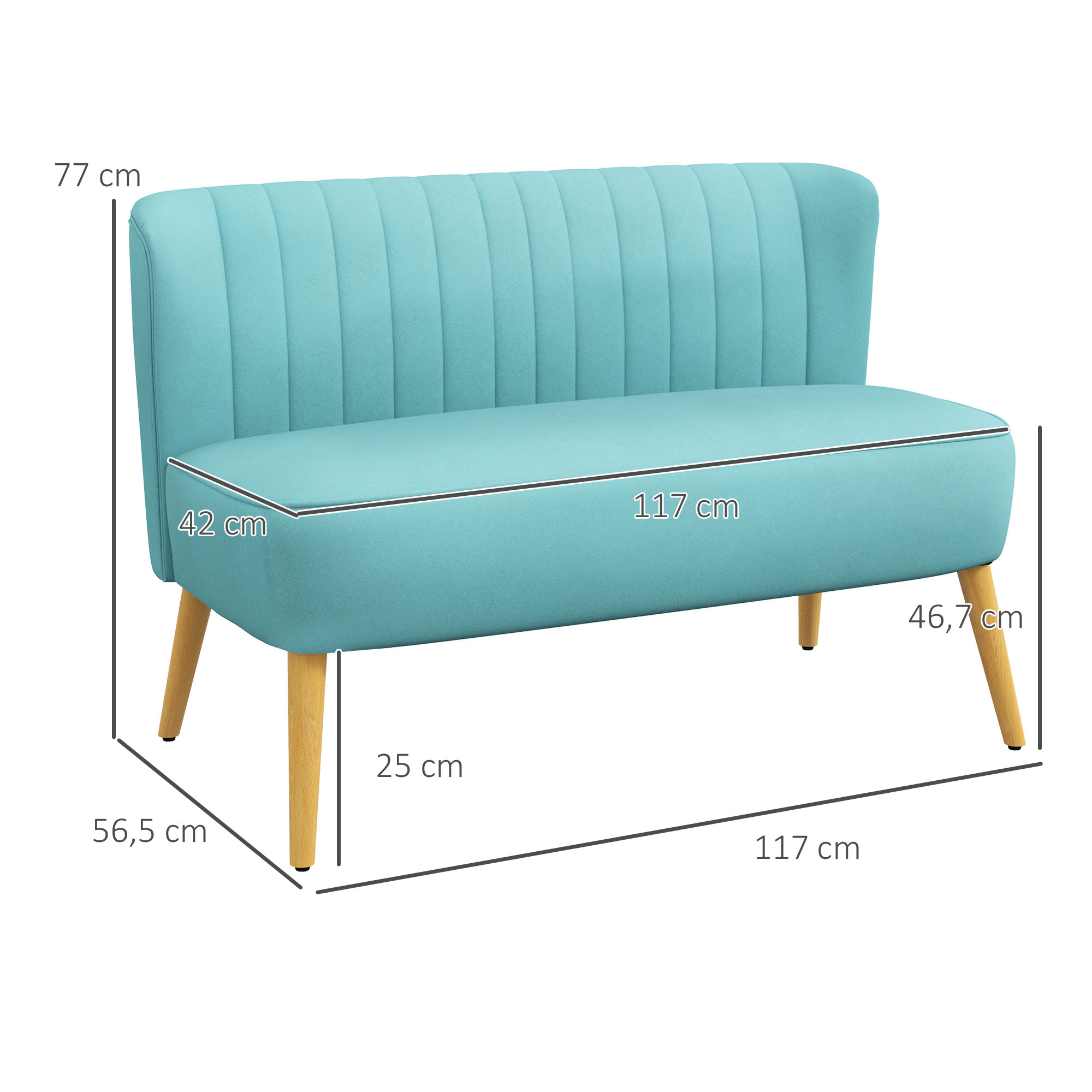 Sofa Retrodesign 2-Sitzer-Sofa, Holzbeine, 117 cm x 56,5 cm x 77 cm, Grün