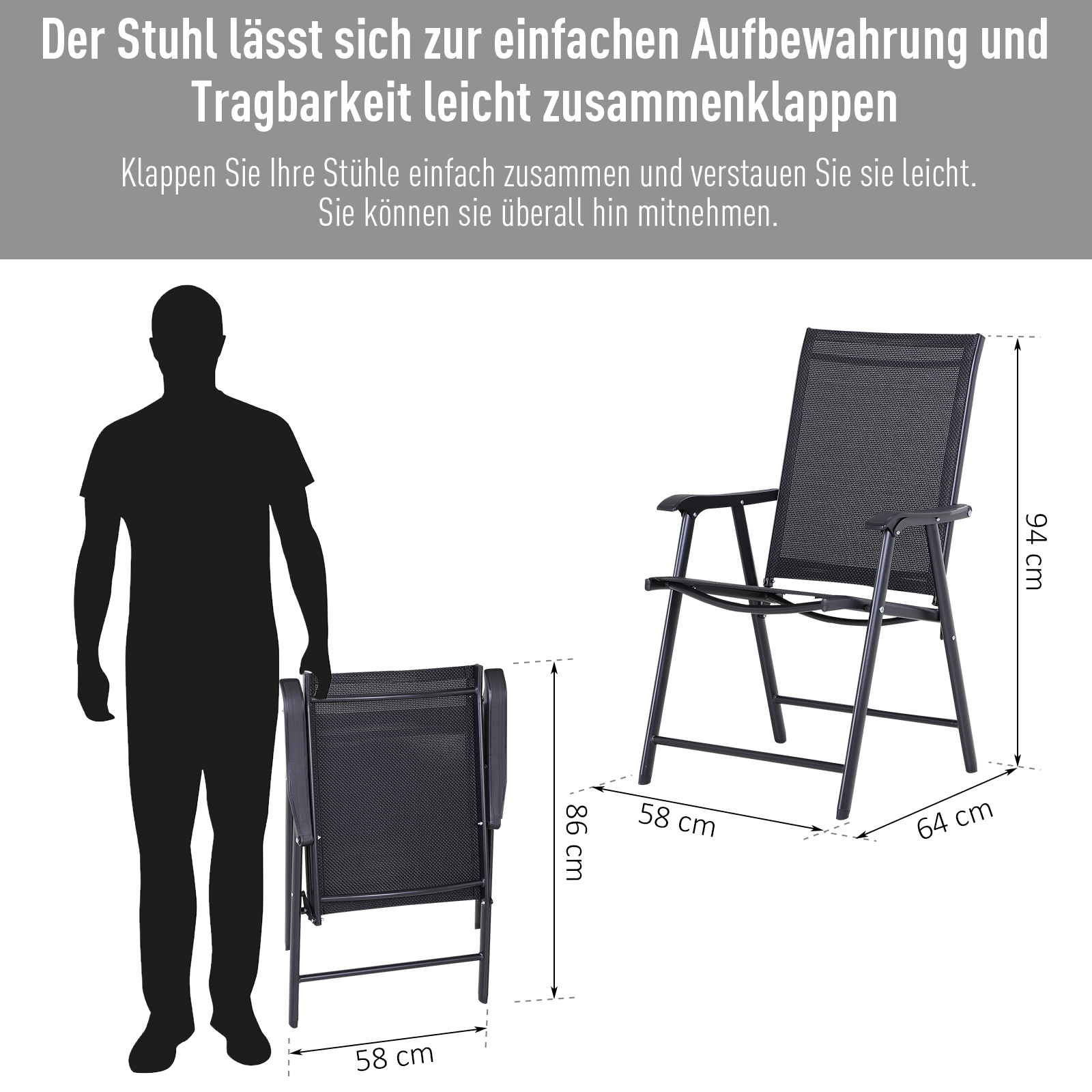 Klappstuhl mit Armlehne 2er Set Campingstuhl Angelstuhl Metall Schwarz 58 x 64 x 94 cm