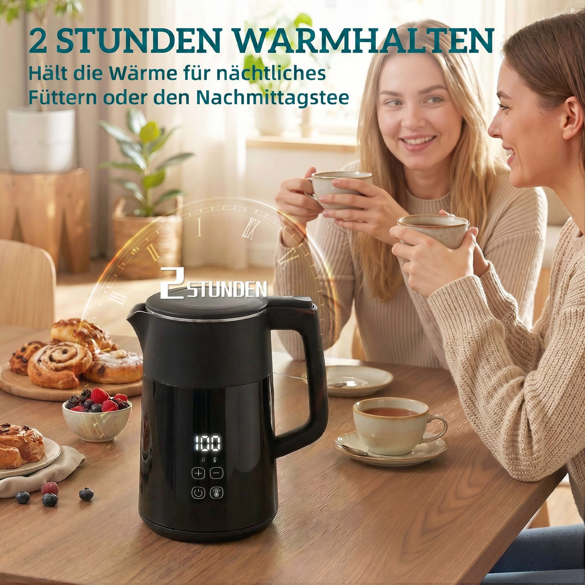 Wasserkocher, 1,7L, Schnellkochend, 2200W, mit LED-Display, Warmhaltefunktion, Trockenkochschutz, PTFE-frei