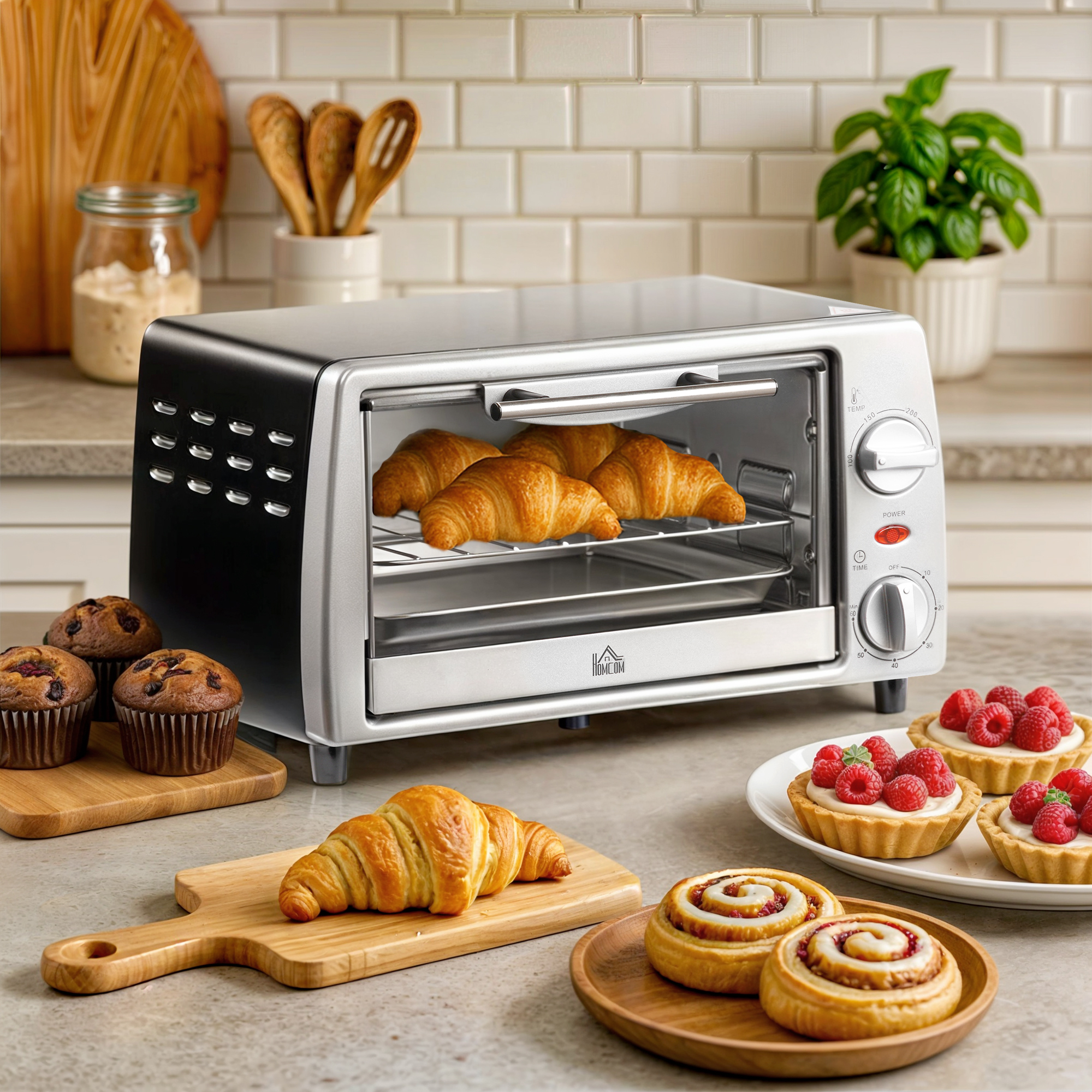 Mini Backofen 10 L 750W 100-230? 60 Min, Timer mit Backblech, Grillrost und Herausnehmbarer Bodenschale, Pizza-Ofen Silber