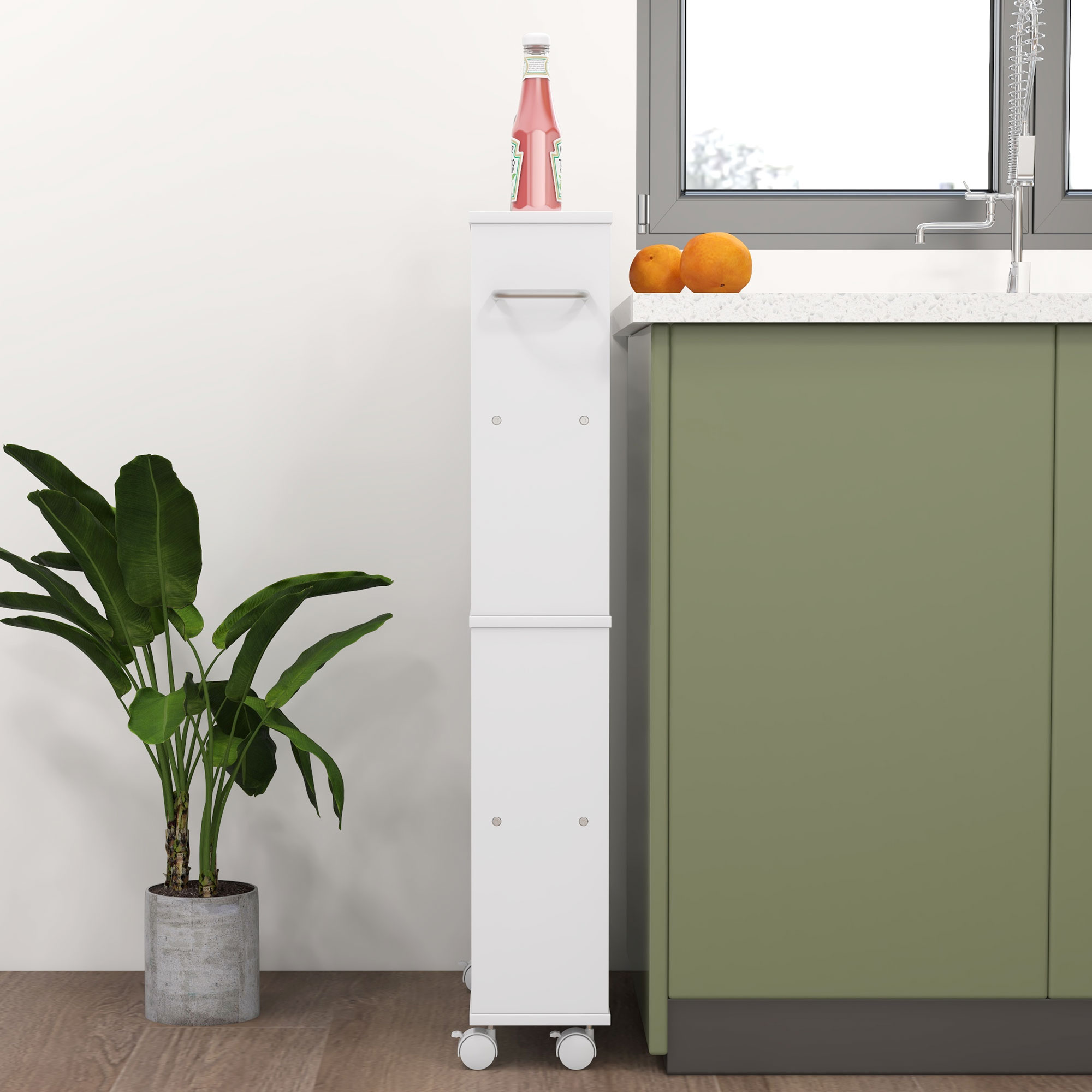 Multifunktionsregal mit Rollen, schmale Bauweise, 4 Fächer, 45x15x91 cm, Weiß