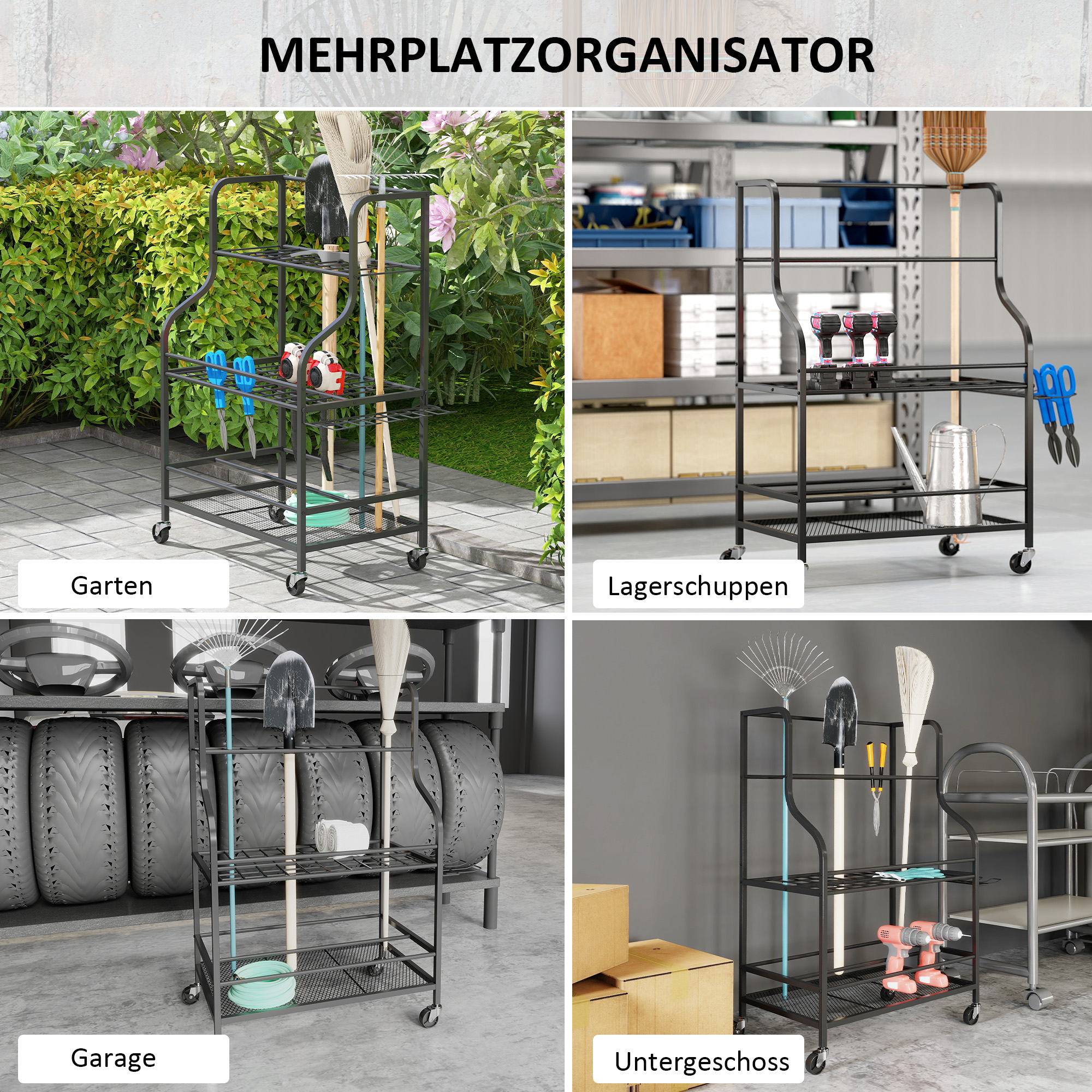 Gartenwerkzeug-Organizer 3-stufig Gartengeräte Ständer mit Haken bis 40 kg belast 77x40x97cm Schwarz