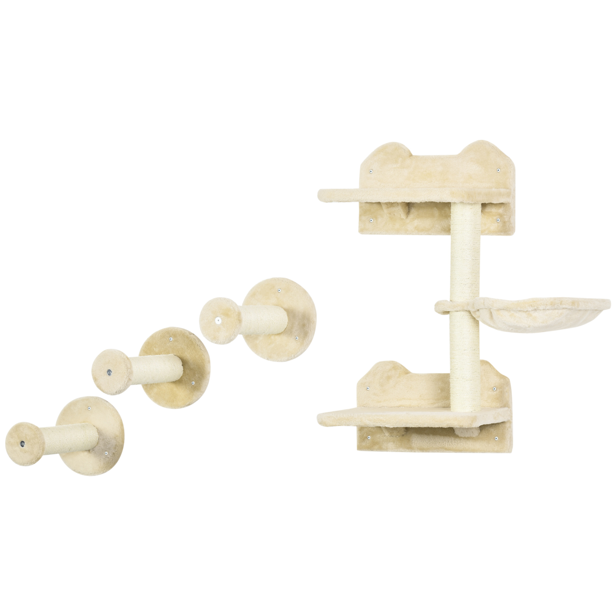 Kletterstufen, Kletterwand, Katzentreppe, 4-tlg. Set, mit Kratzbaum, Hängematte, beige+cremeweiß, 40 x 28 x 73cm