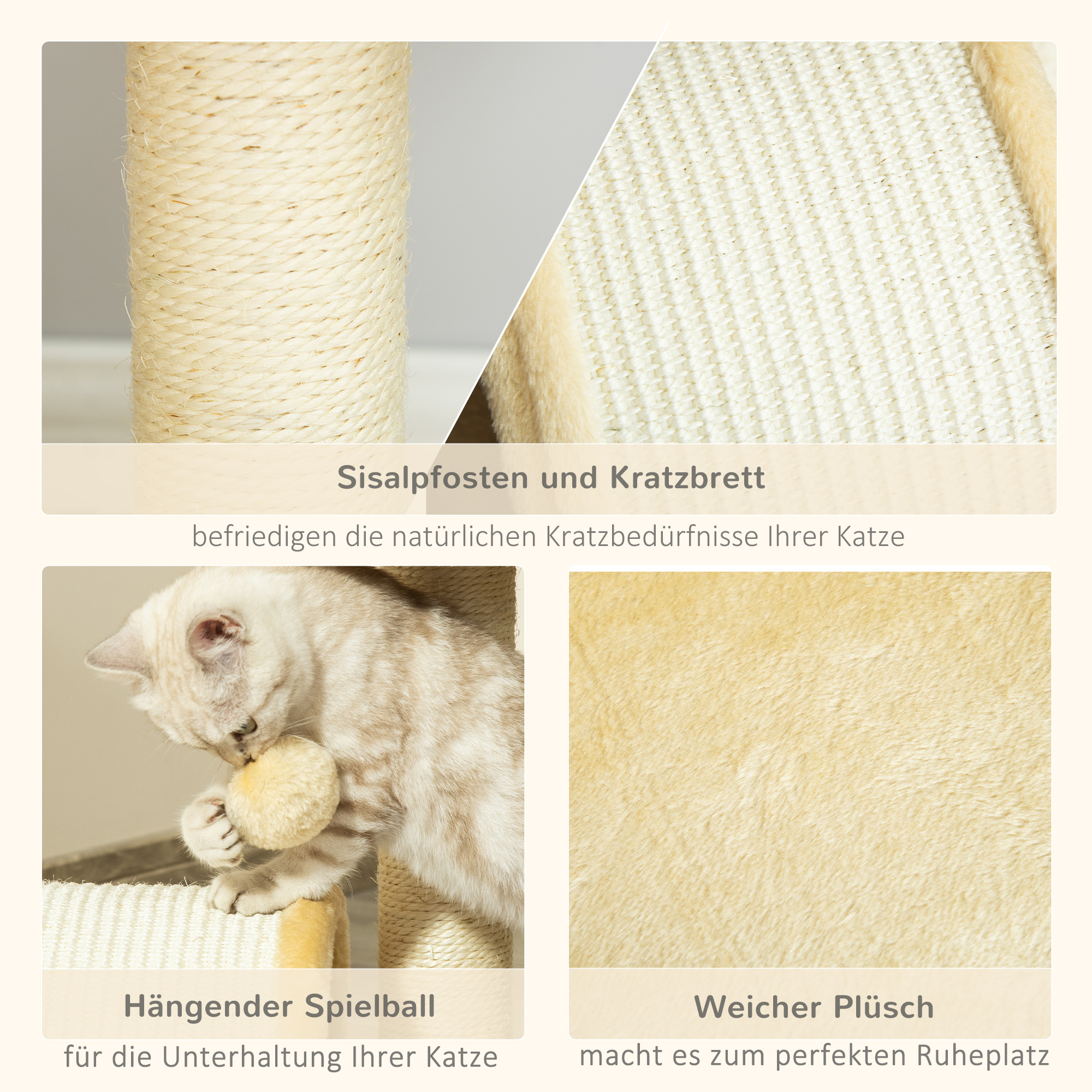 Kratzbaum Katzenbaum mit Spielbällen Katzenkratzbaum Sisalseil-Kratzstangen Beige 35,5 x 37 x 46 cm