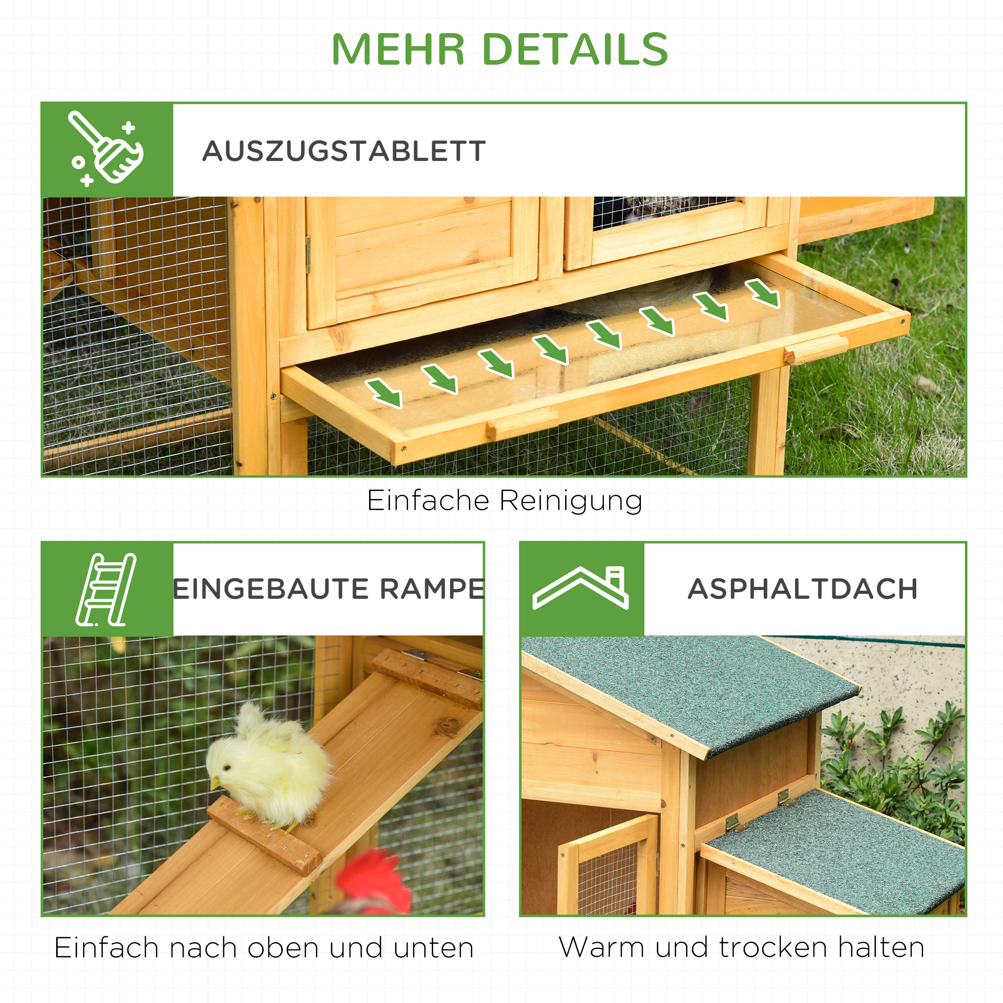 Zwerghühnerstall mit Freilauf und Brutkasten Wetterbeständig versiegeltes Tannenholz, Asphaltdach Natur + Grün