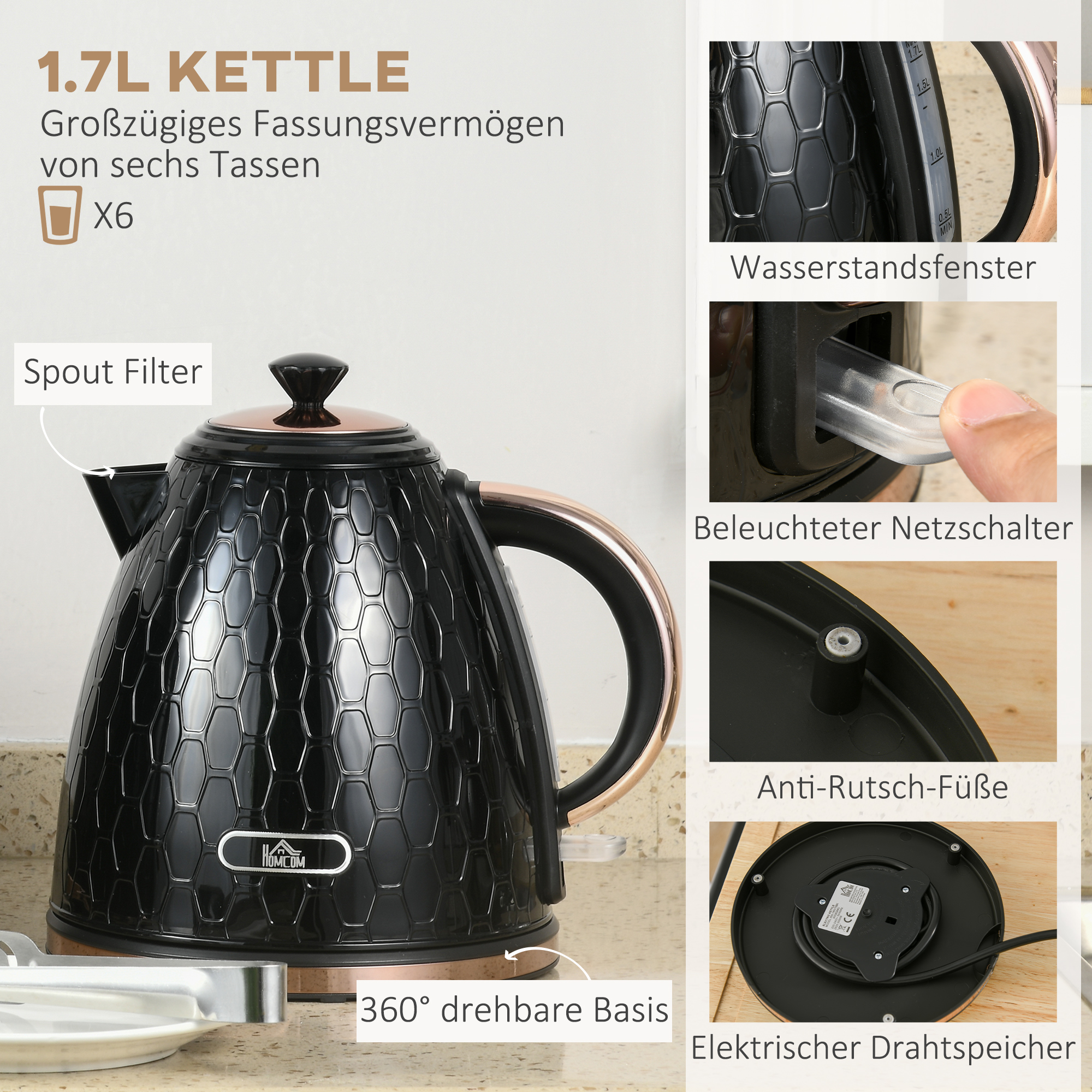 2-in-1 Küchenset, Toaster und Wasserkocher, mehrere Optionen, 1,7 L, 4 Toastscheiben gleichzeitig, Kunststoff, Schwarz