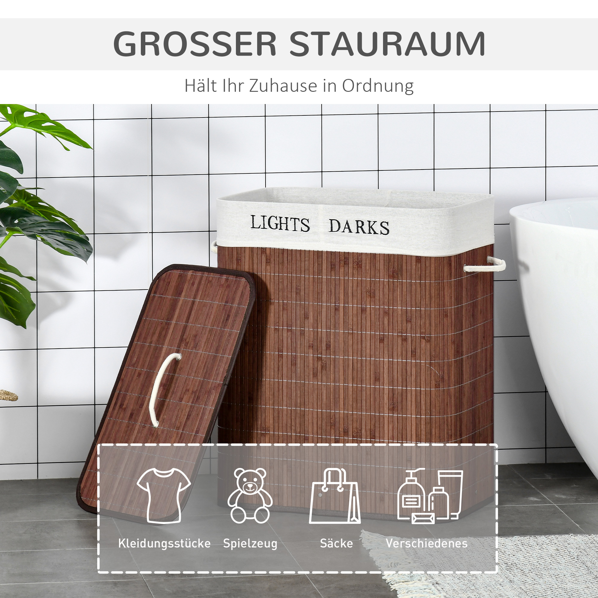 Bambus Wäschekorb schmal mit Deckel 100L Wäschesammler mit Griffen, 2 herausnehmbarer Wäschesack, Laundry Baskets Wäschebox für Waschküche, Schlafzimmer, Badezimmer Braun