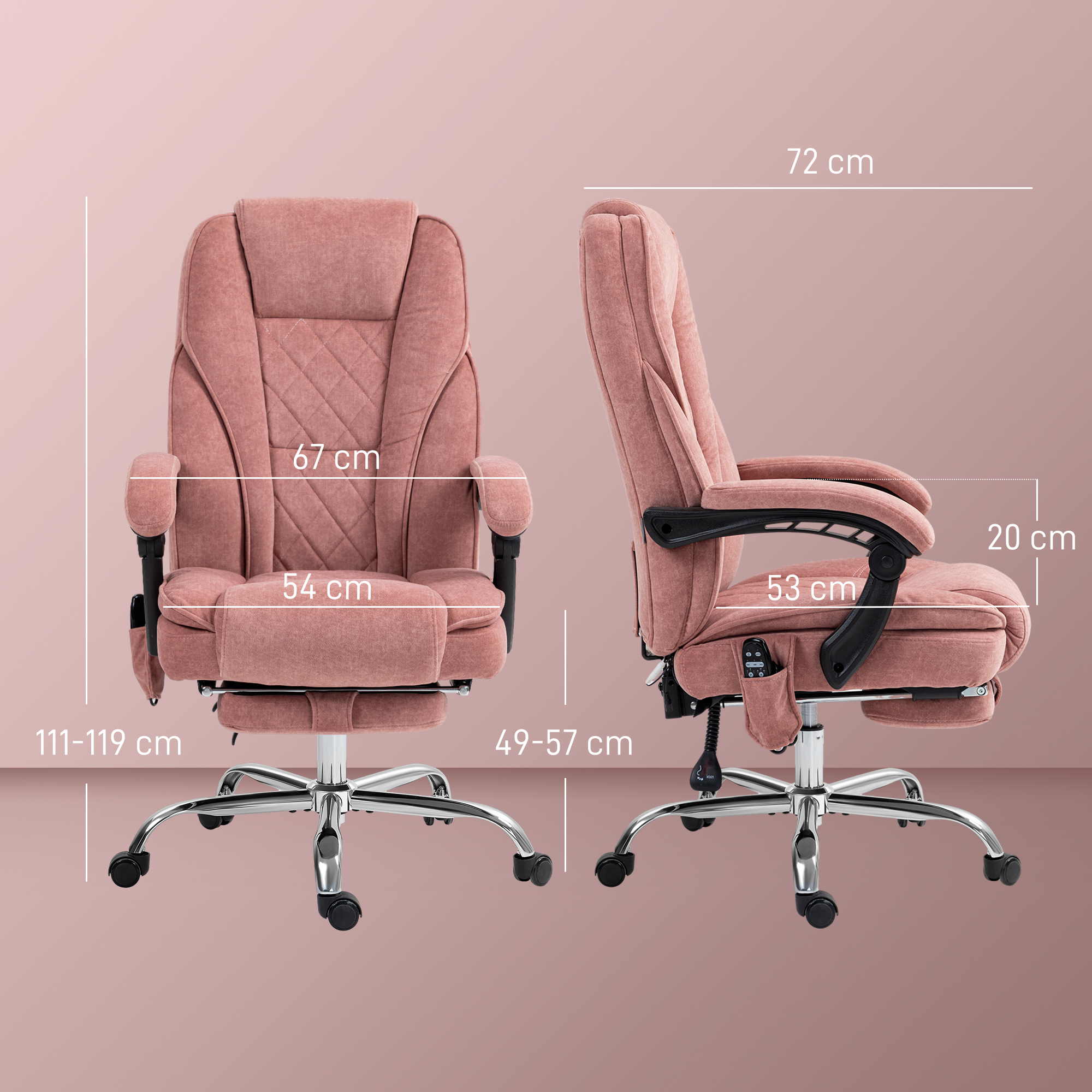 ergonomischer Bürostuhl mit Massagefunktion, Fußstütze, drehbar, rollbar, Rosa