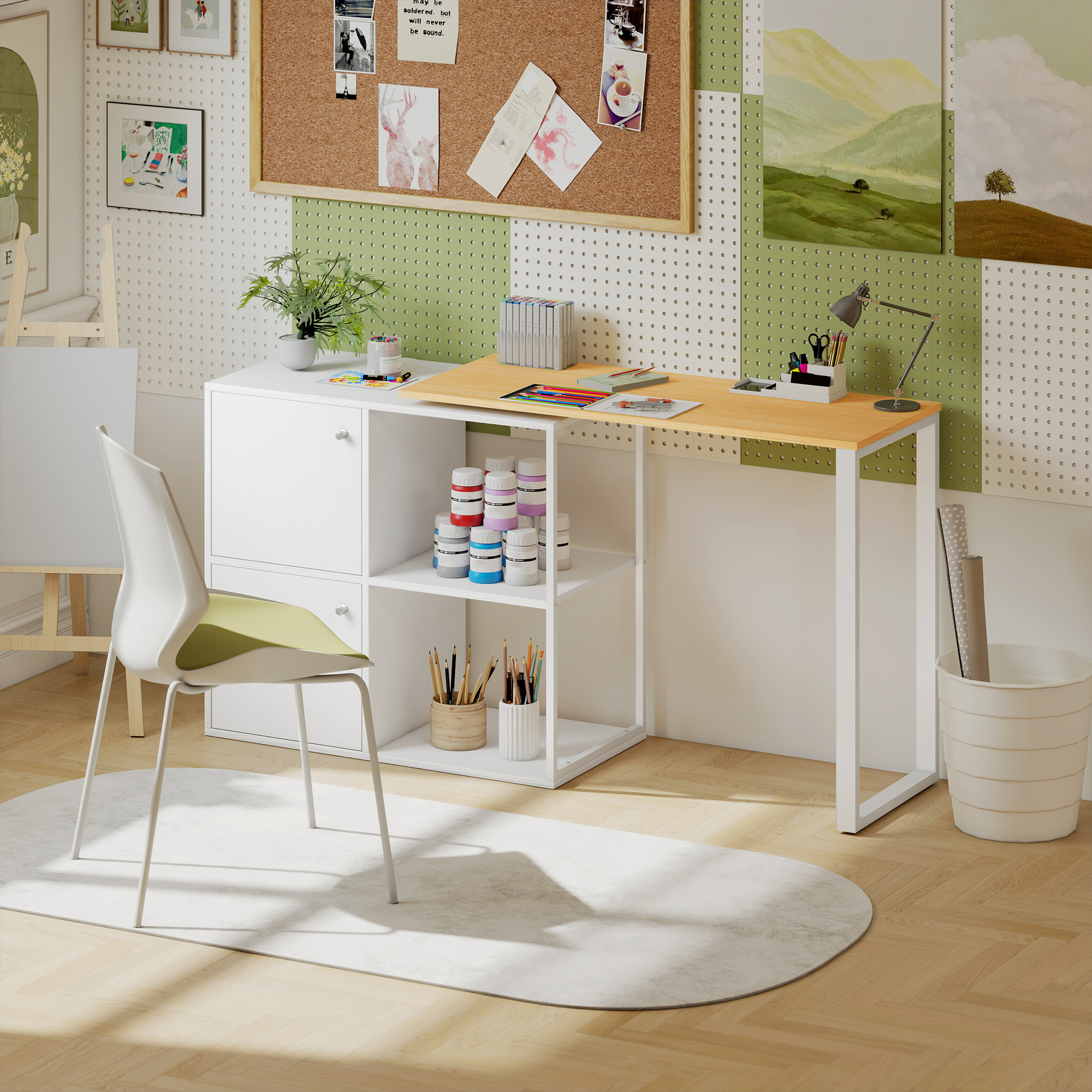 Schreibtisch L-förmig, 360° drehbarer Eckschreibtisch mit 2 Lagerschränken, 2 offenen Regalen, Computertisch für kleine Räume, Arbeitszimmer, Wohnzimmer, 150x40x75 cm, Weiß