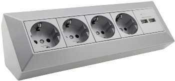 4-fach Steckdosenblock + 2x USB, silber / 250V~/ 16A, Aufbaumontage, USB 3,1A