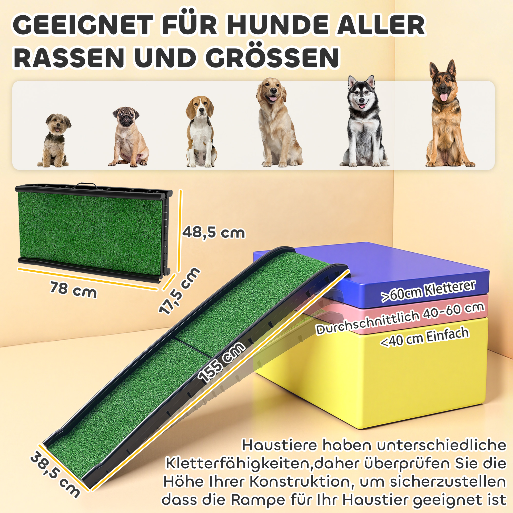 Hunderampe klappbar Hundetreppe rutschfest Einstiegshilfe für Kofferraum, für Tiere bis 90 kg 155x38,5x15,5 cm Schwarz