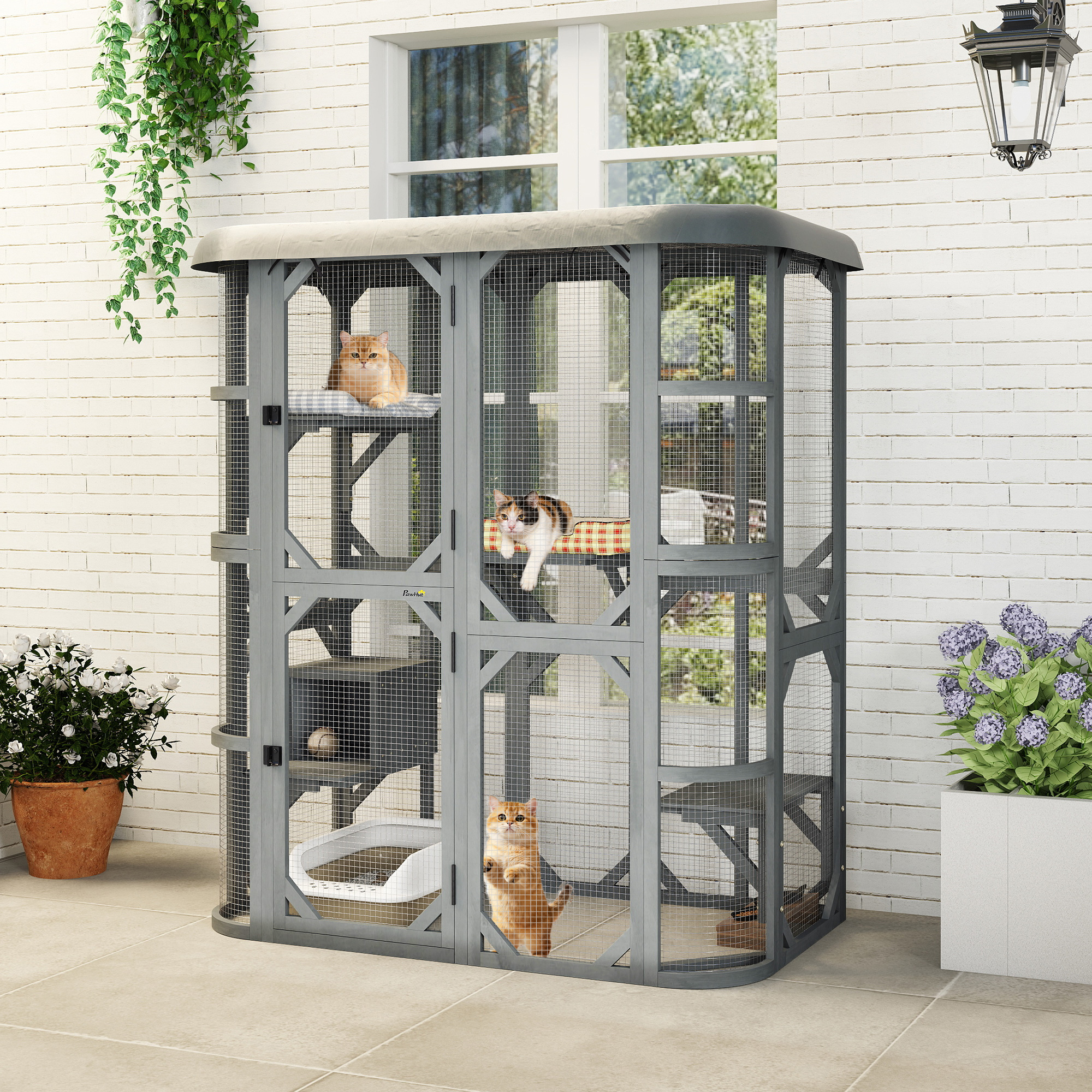 Katzengehege Outdoor begehbar Holz Katzenhaus mit 4 Plattformen wasserabweisend Oxford-Dach 2-3 Katze bis 8 kg