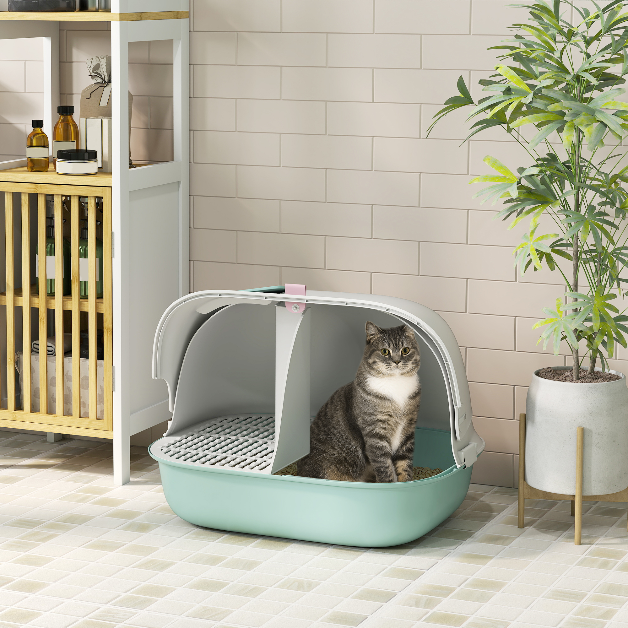 Katzentoilette mit Deckel, Katzenklo mit internem Kanal, Tür, Schaufel, leicht zu reinigen, Kunststoff, Grün