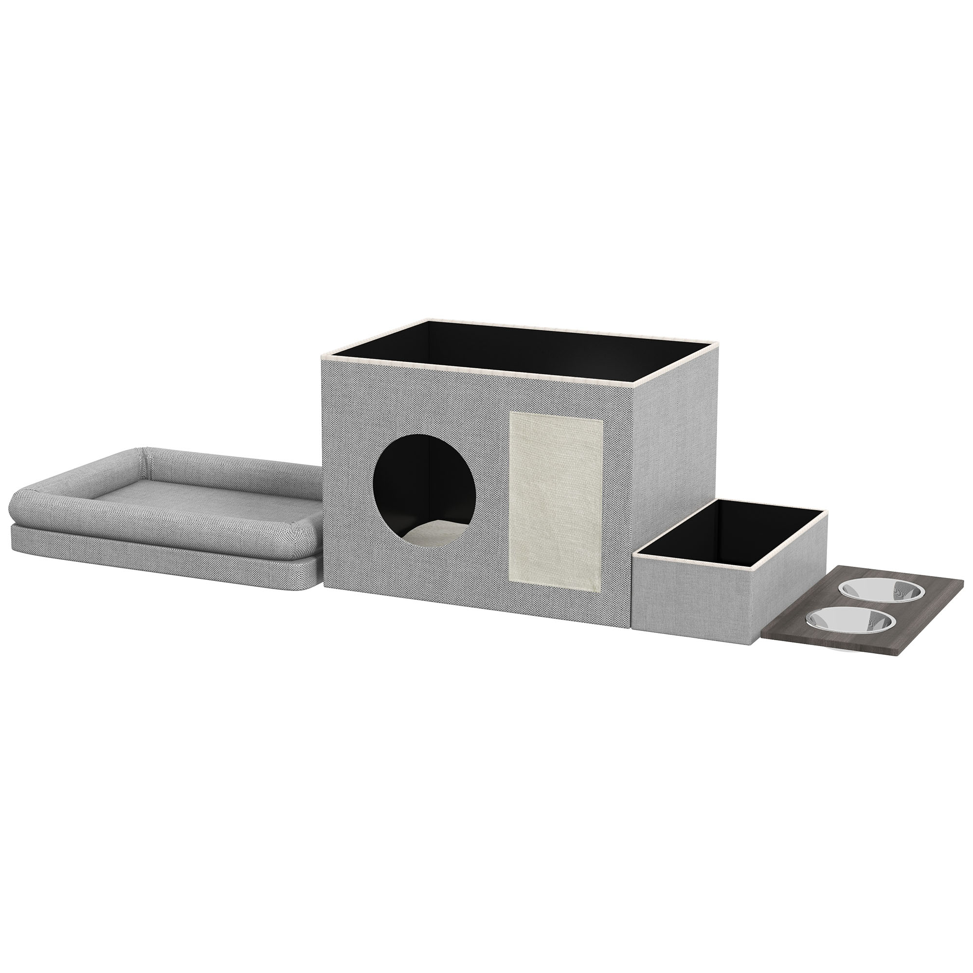 Katzenhaus, Futterplatz mit 2 Edelstahlnäpfen, Kratzmatte, weiches Liegekissen, 78 x 48 x 49,5 cm, grau