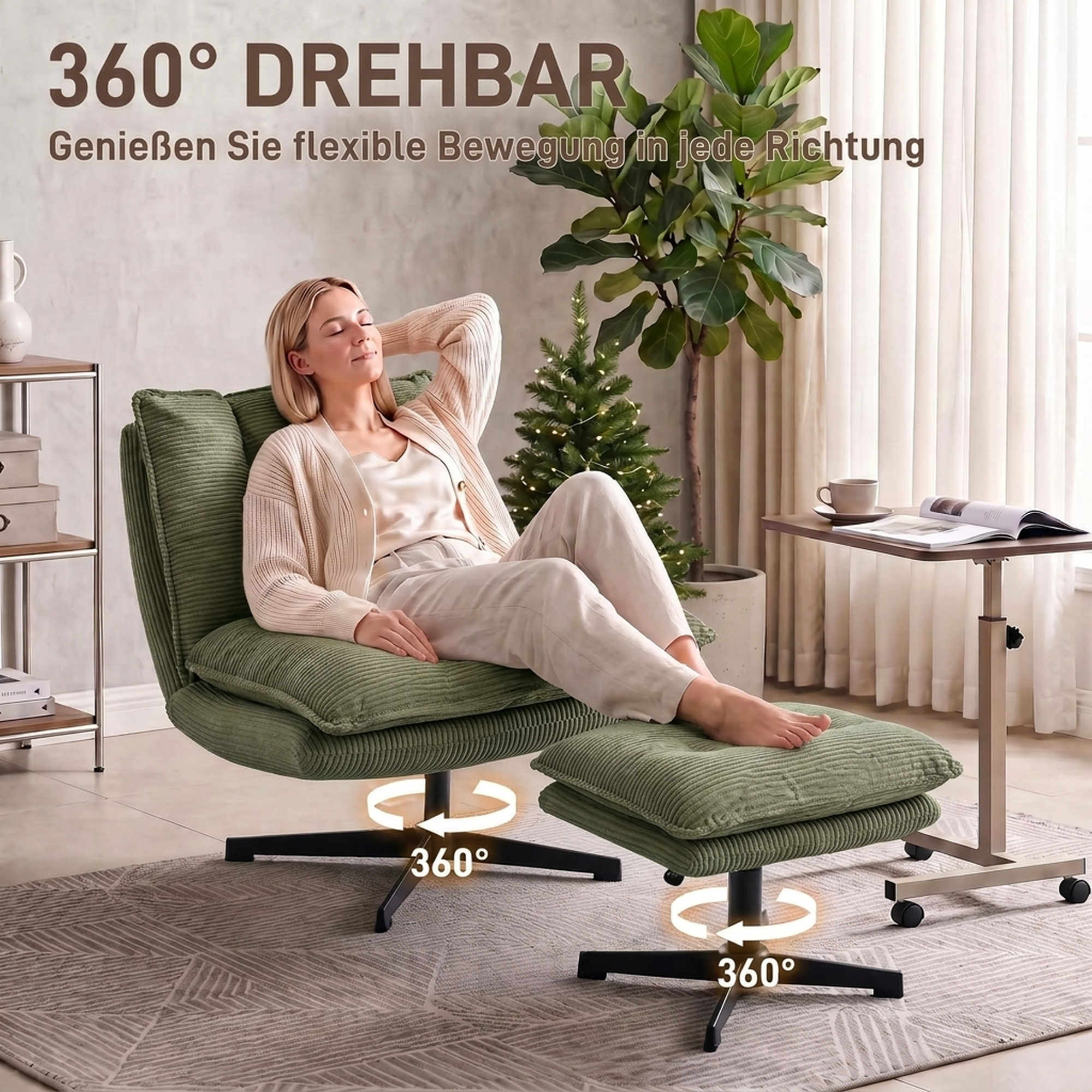 Loungesessel mit Hocker, 360° drehbar, Cordbezug, höhenverstellbare Fußstütze, Grün