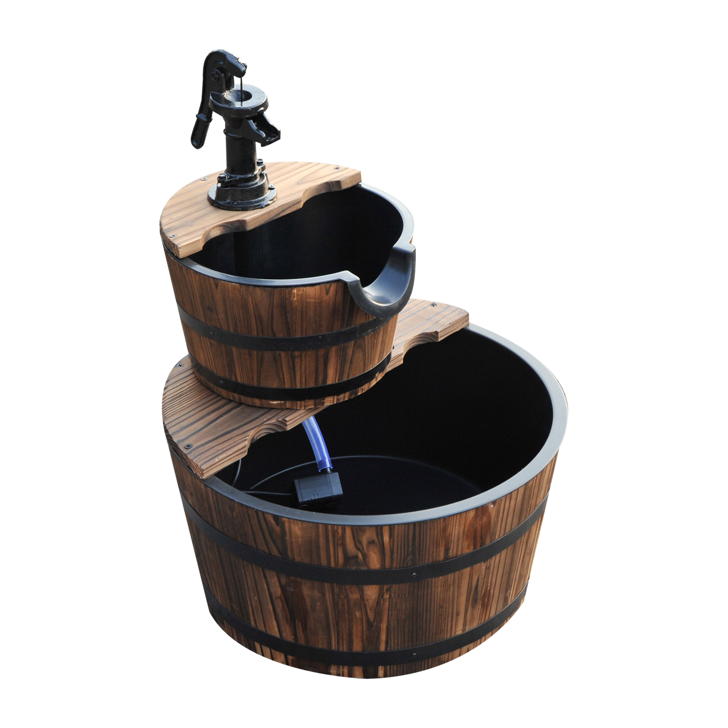 Kaskadenbrunnen 2-stufig Gartenbrunnen Zierbrunnen Zimmerbrunnen Wasserspiel Wasserfall Wasserpumpe Tannenholz Dunkelbraun 44,5 x 44,5 x 58,5 cm