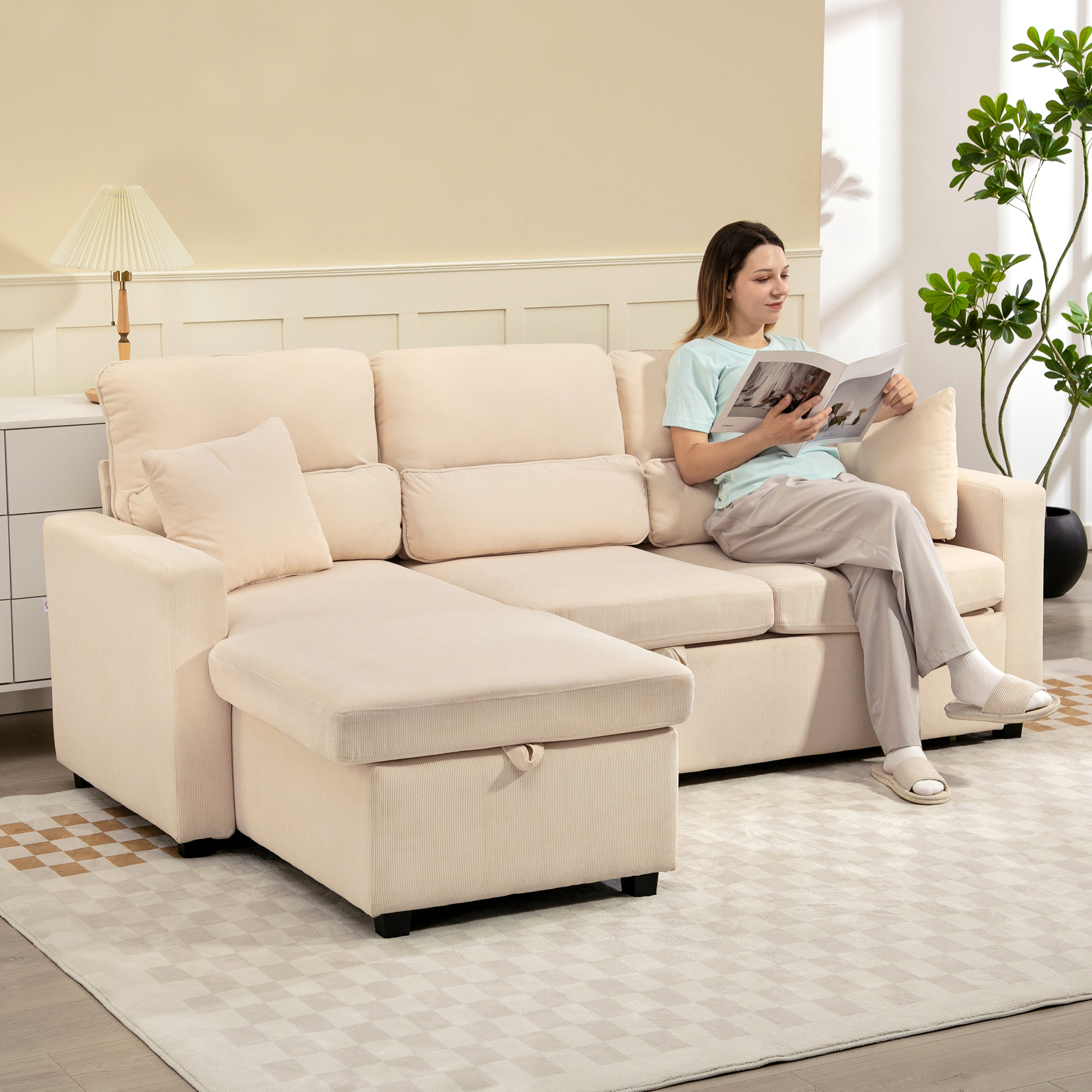 Verstellbares Bettsofa, L-förmiges Gästesofa mit Bettfunktion, Stauraum, Kissen, für Wohnzimmer, Gästezimmer, Beige